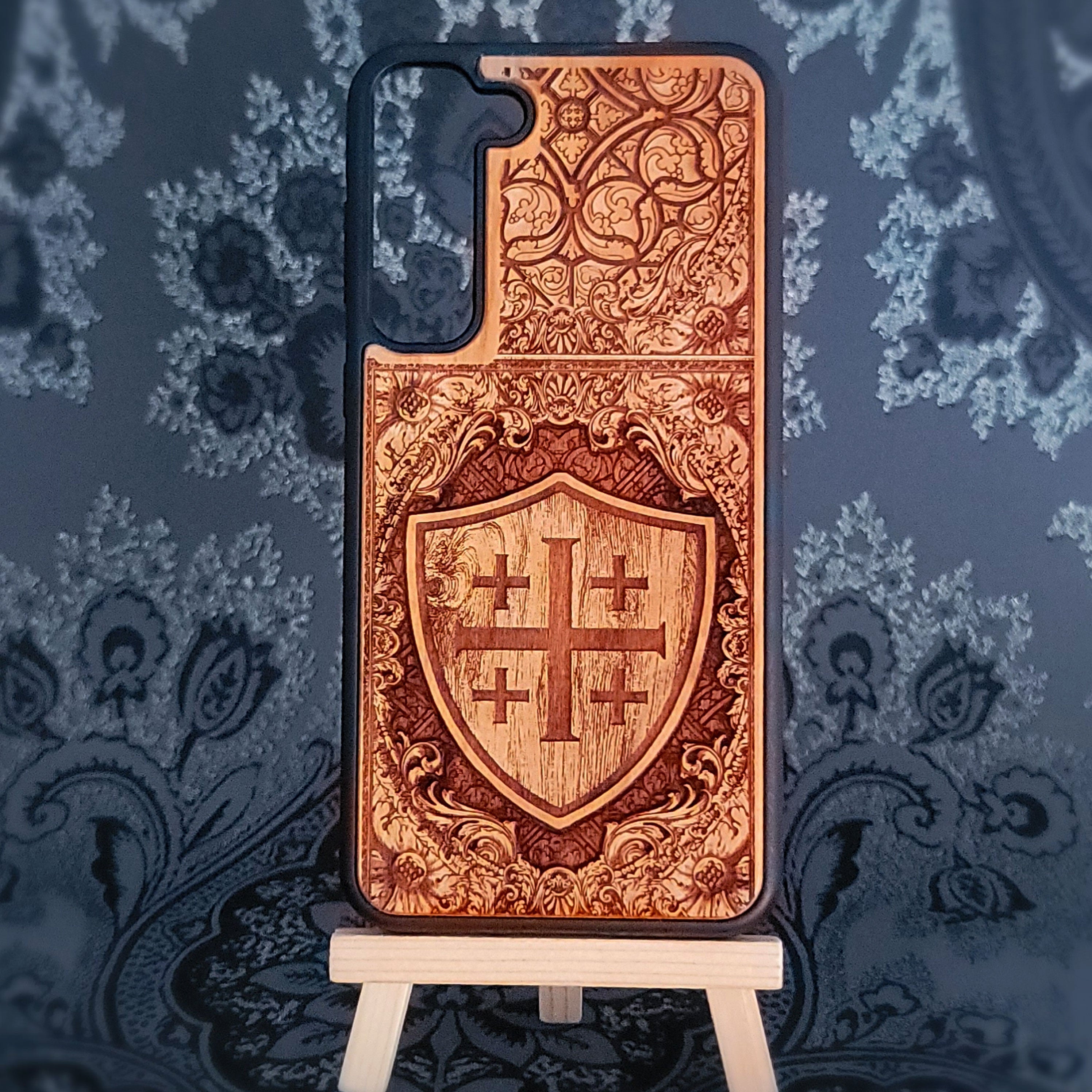 Gothic wooden phone cases with skulls and sacred art