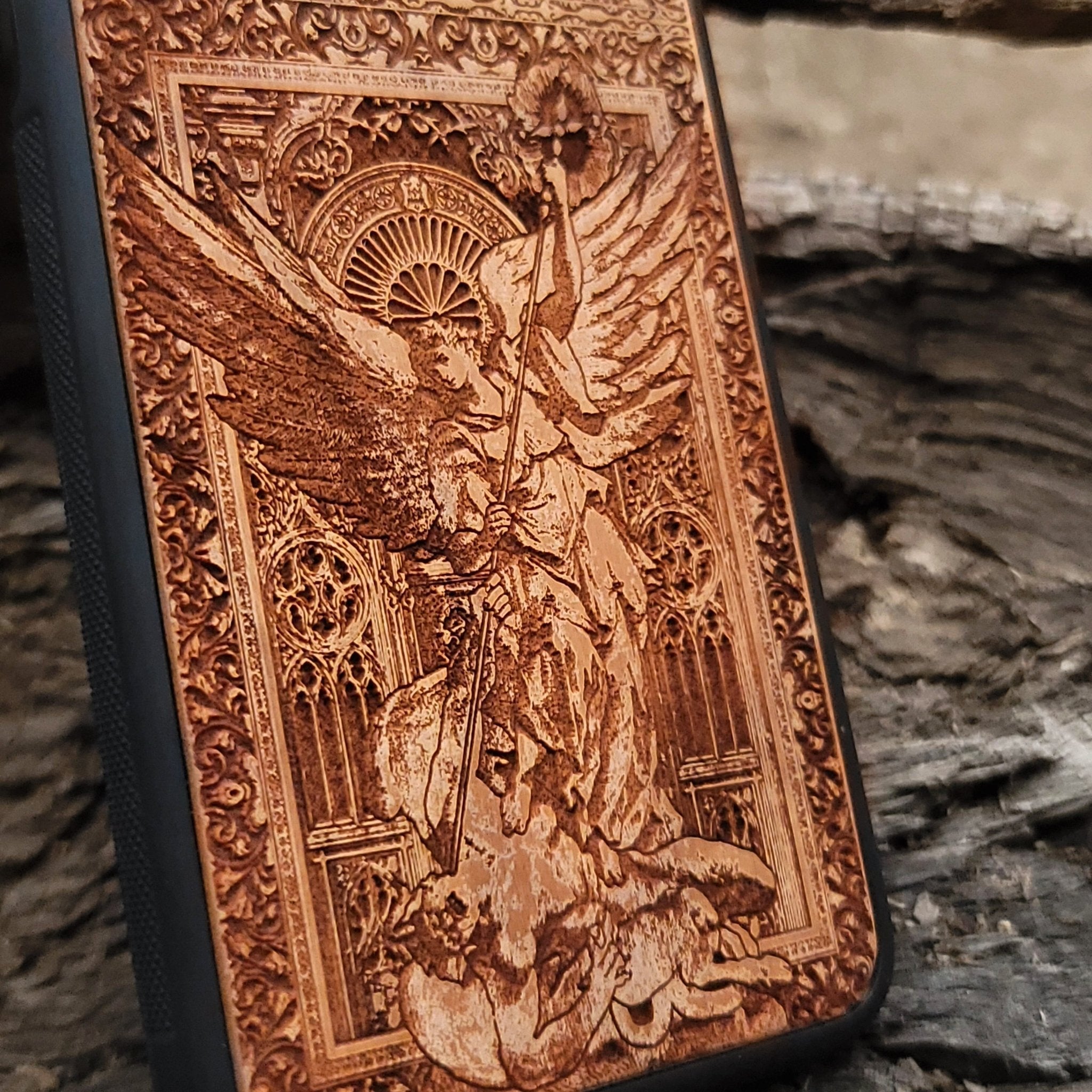 Handcrafted carved wood phone cases, laser engraved
