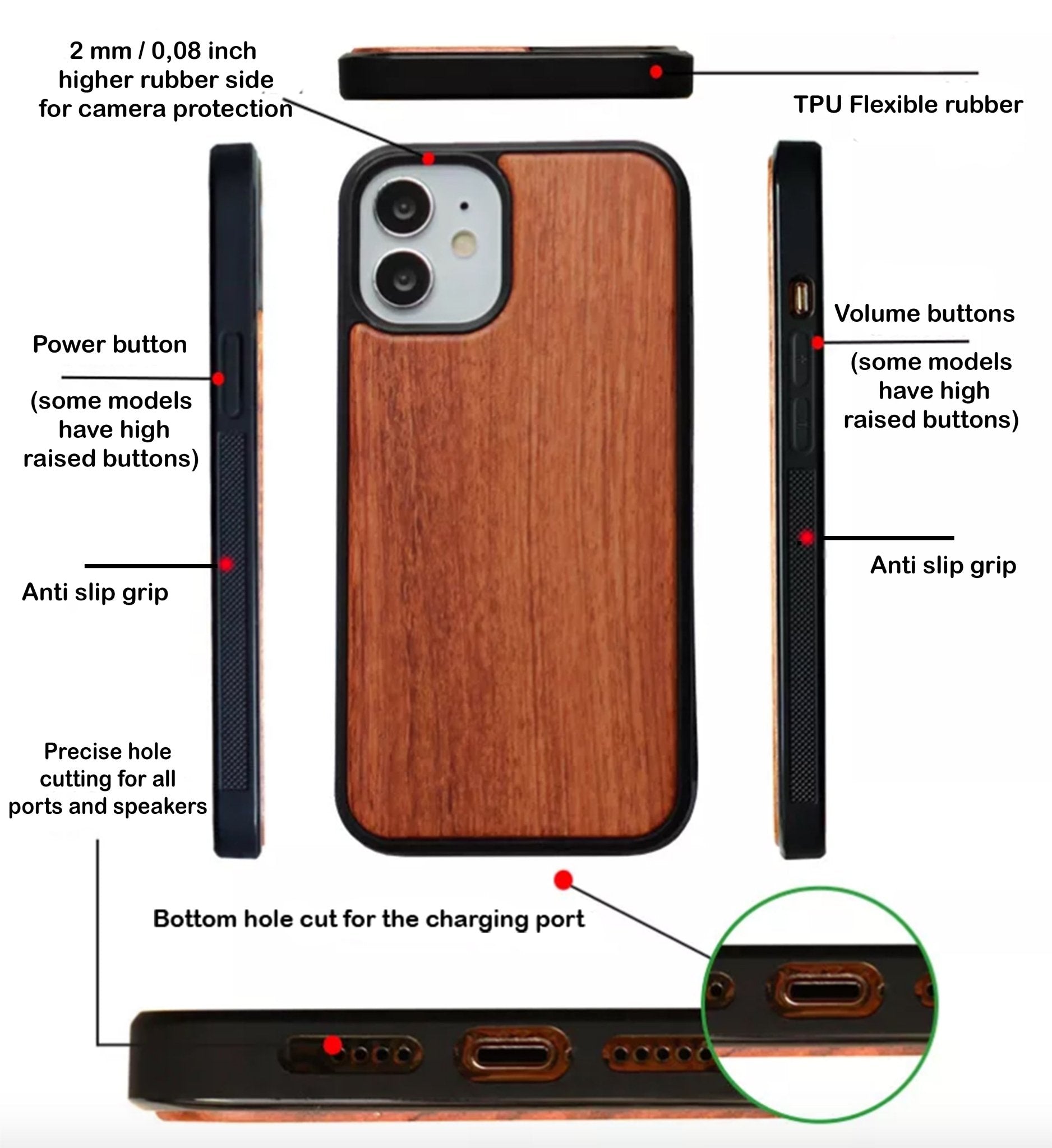 Wood phone case engraved with Kraken sea monster eating a ship, fits iPhone –11 and Samsung Galaxy S–S20