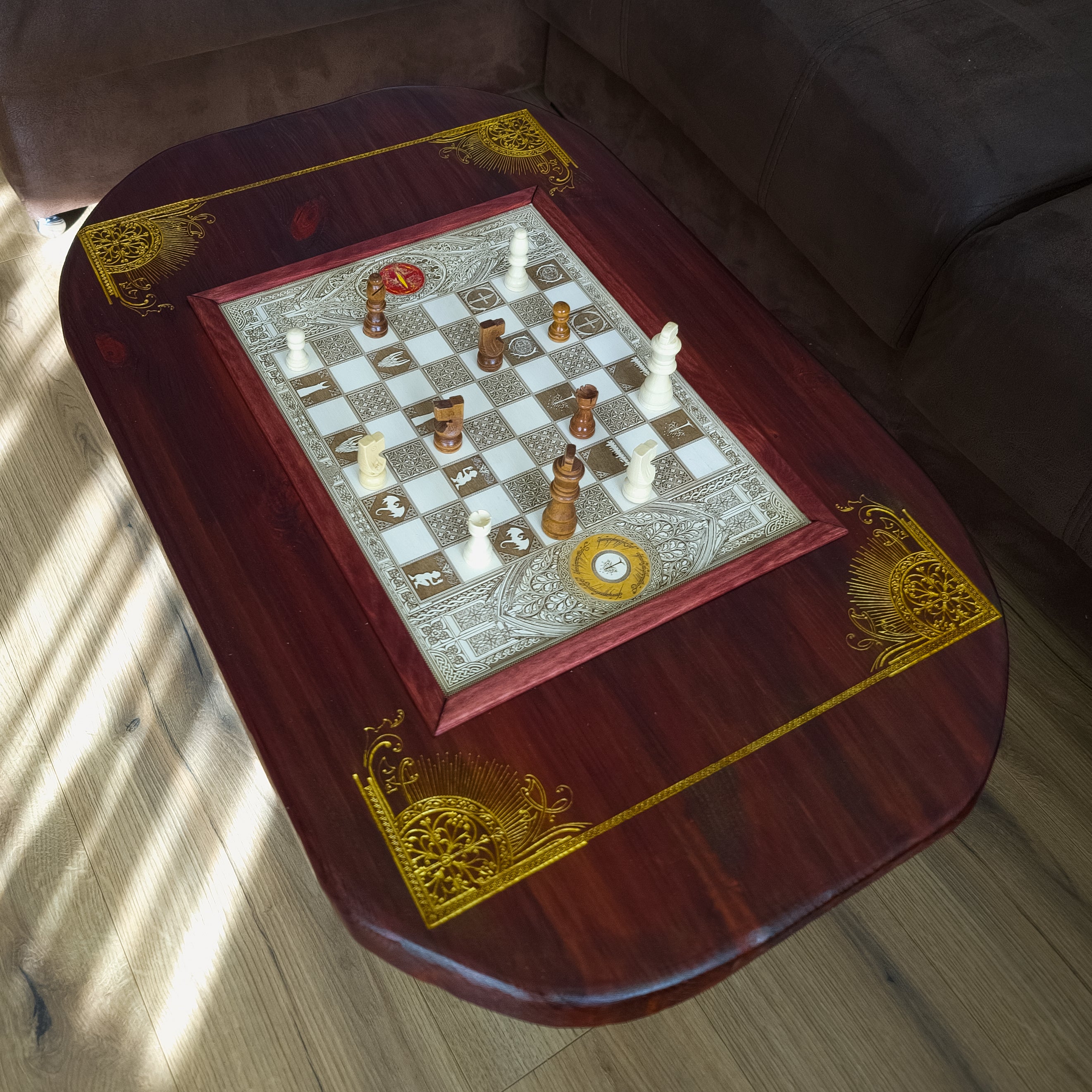 LOTR Wood Chessboard Coffee Table Top - Red Walnut Stained