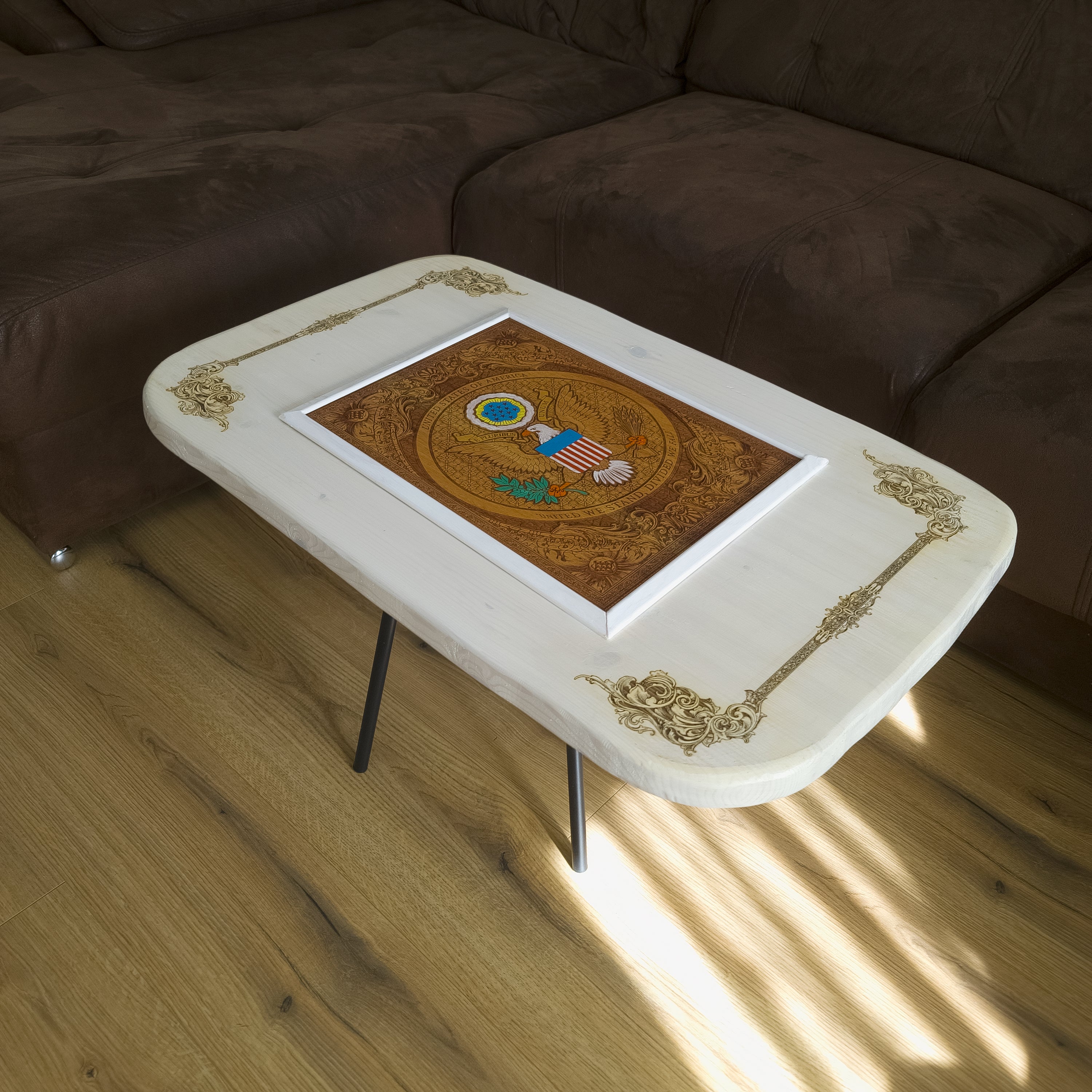 Handmade white wood coffee table with laser engraved and hand painted USA Great Seal inlay