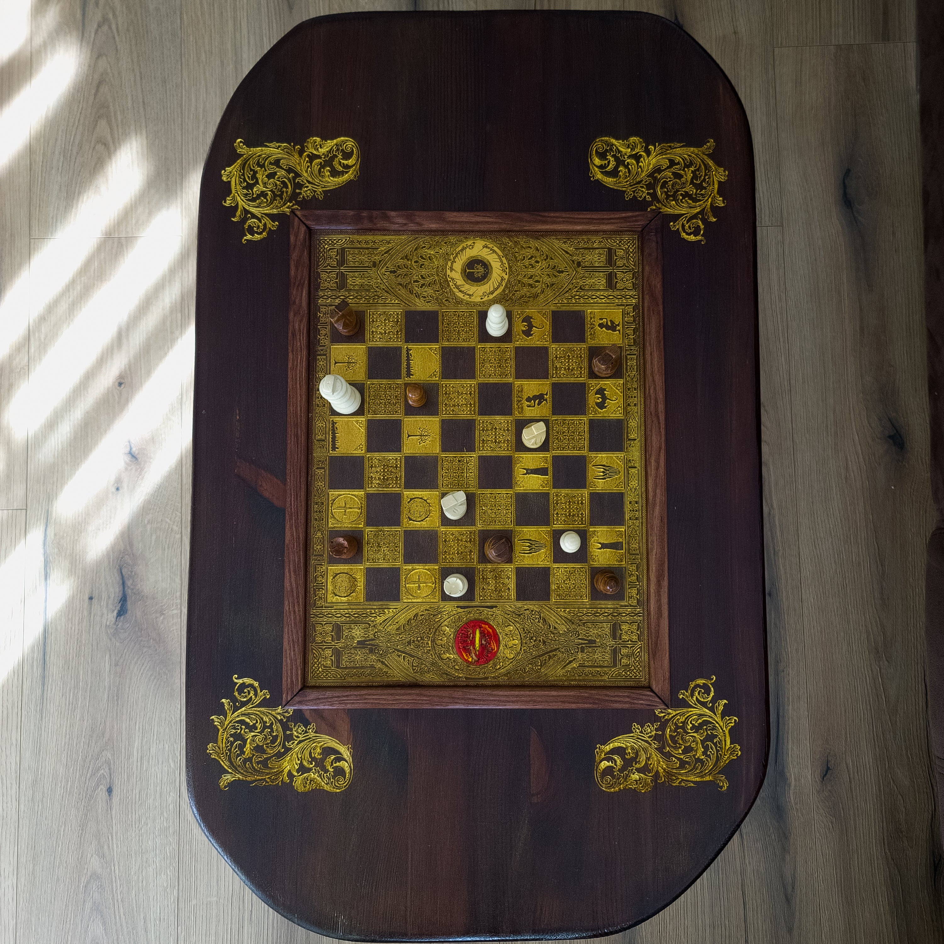 Living Room Center Wood Coffee Table with a chessboard laser engraved. made of walnut stained solid wood. Unique furniture decor artisan made.