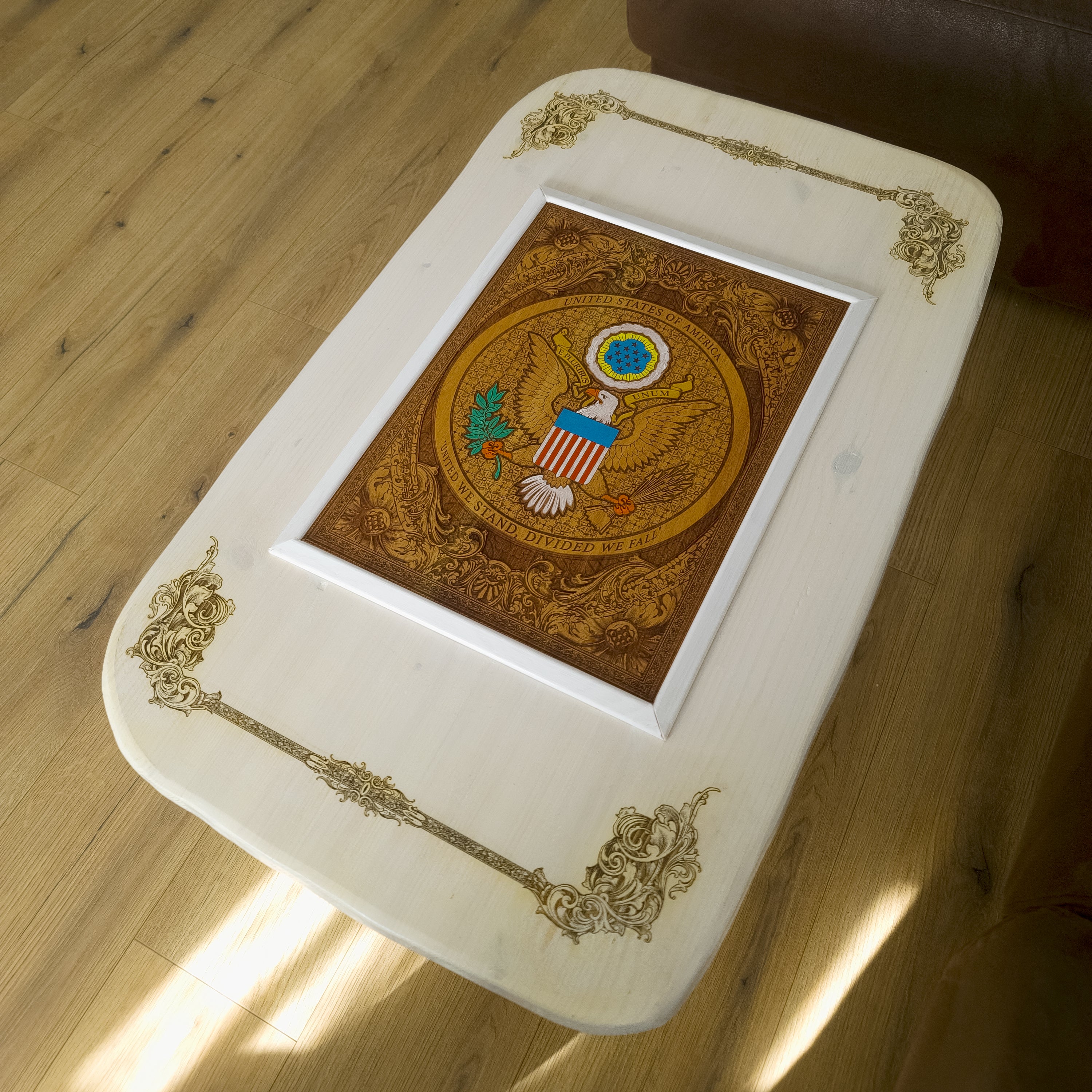 Handmade white wood coffee table with laser engraved and hand painted USA Great Seal inlay