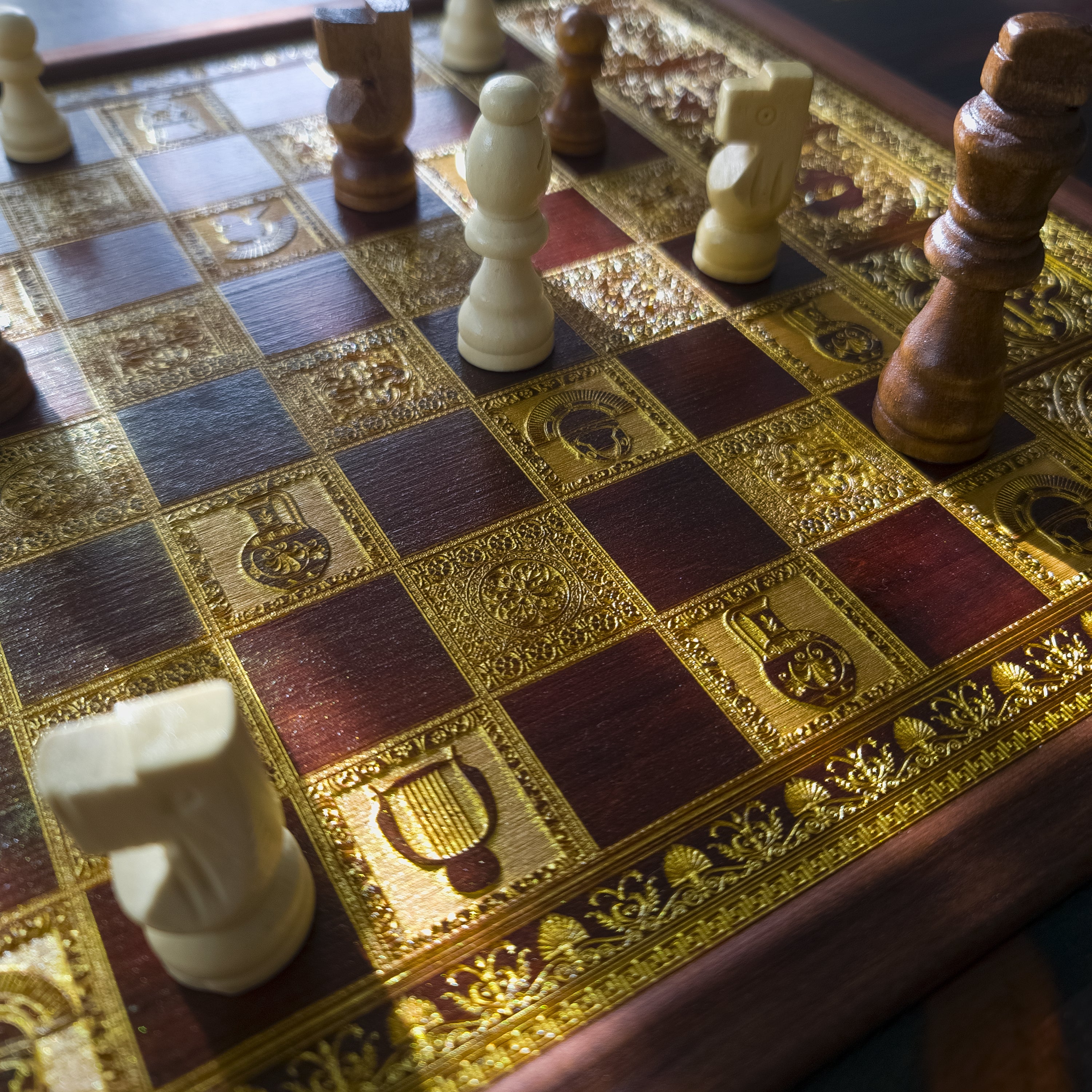 Roman Wood Chessboard Coffee Table Top - Walnut Stained
