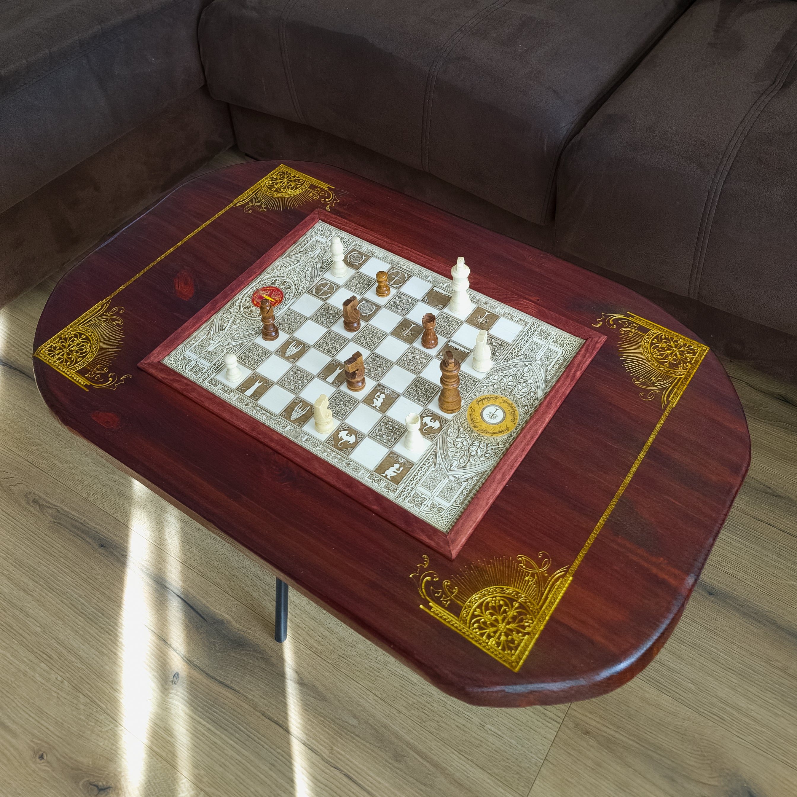 LOTR Wood Chessboard Coffee Table Top - Red Walnut Stained