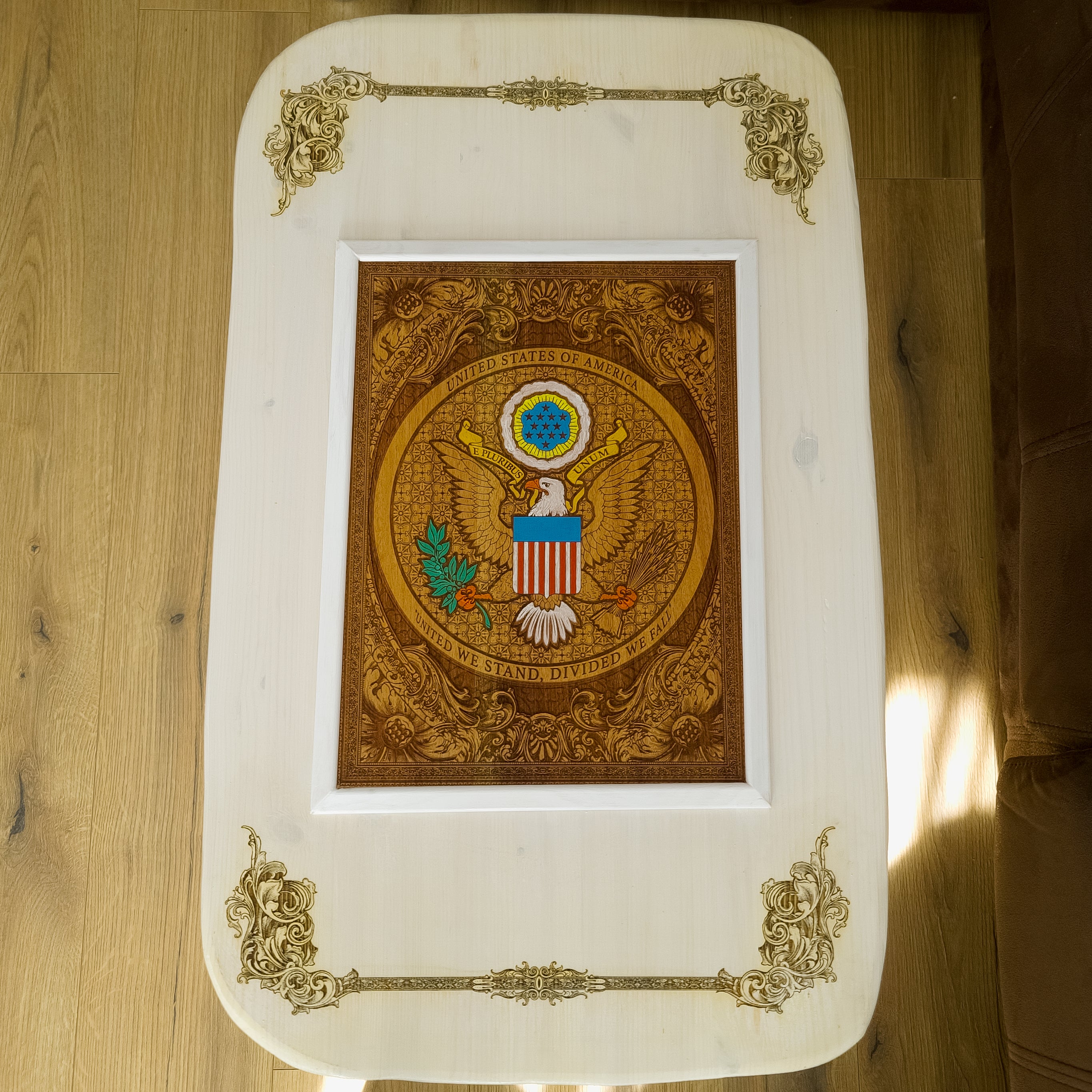 Handmade white wood coffee table with laser engraved and hand painted USA Great Seal inlay