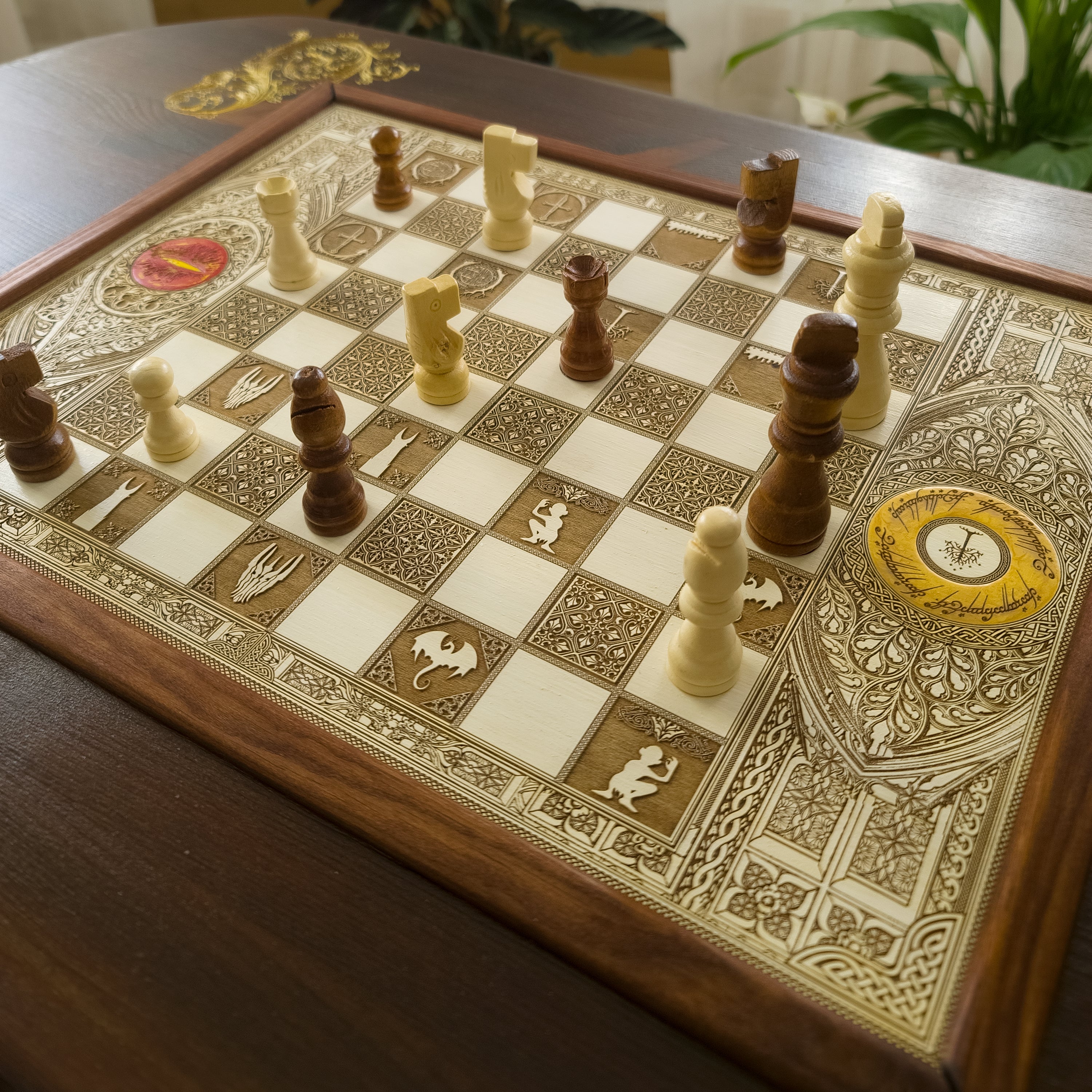LOTR Wood Chessboard Coffee Table Top - Walnut / White Stained
