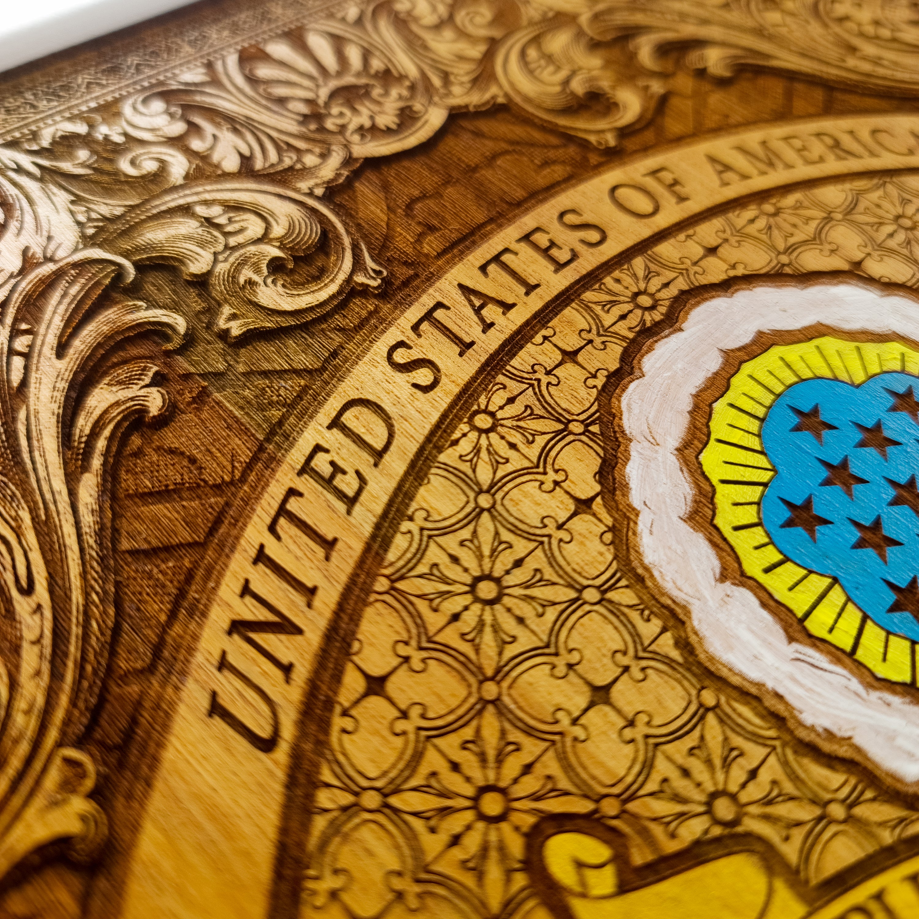 Handmade white wood coffee table with laser engraved and hand painted USA Great Seal inlay