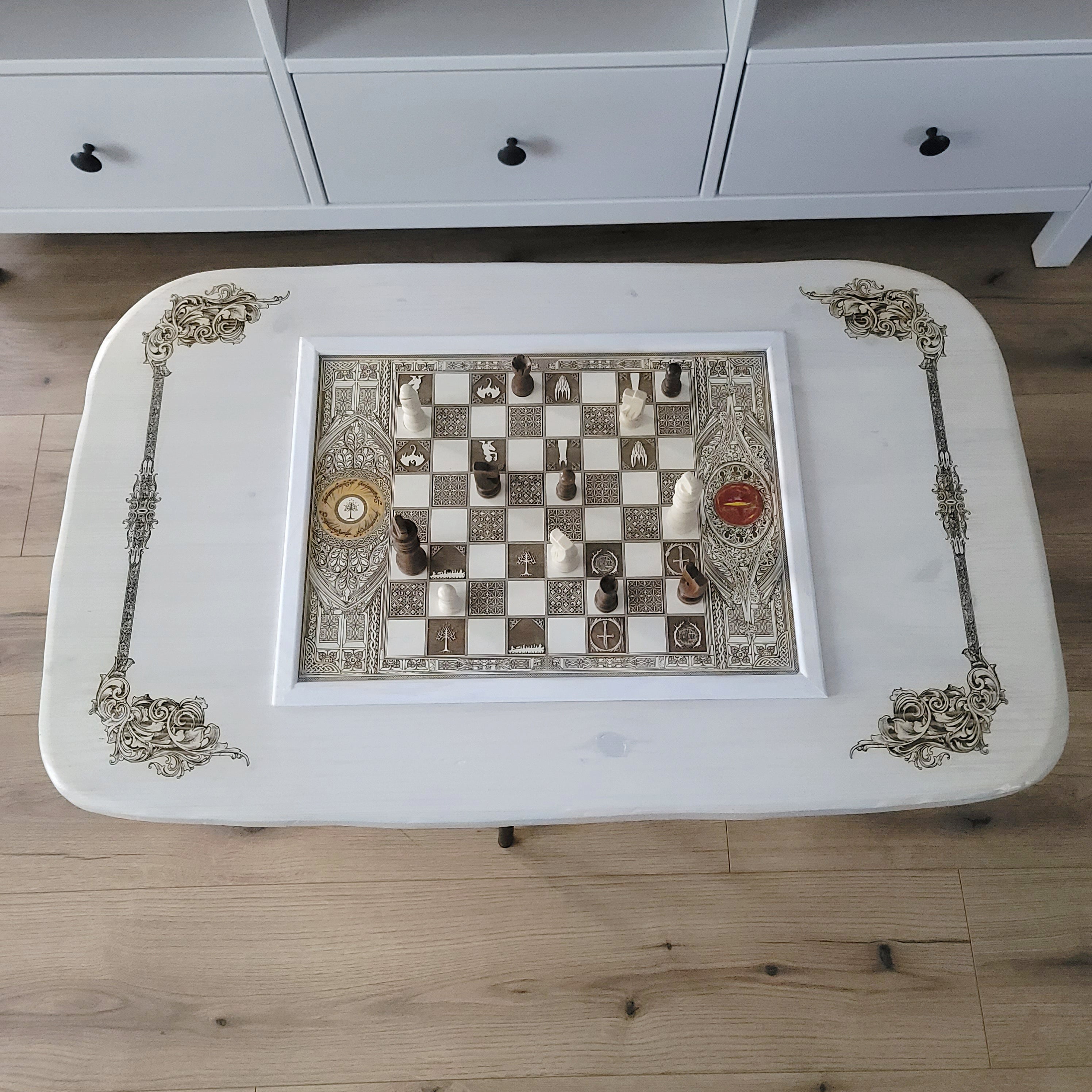 Handmade white-stained chessboard table top with LOTR engraving on maple and douglas fir wood, elegant carved corners, and artisan finish.