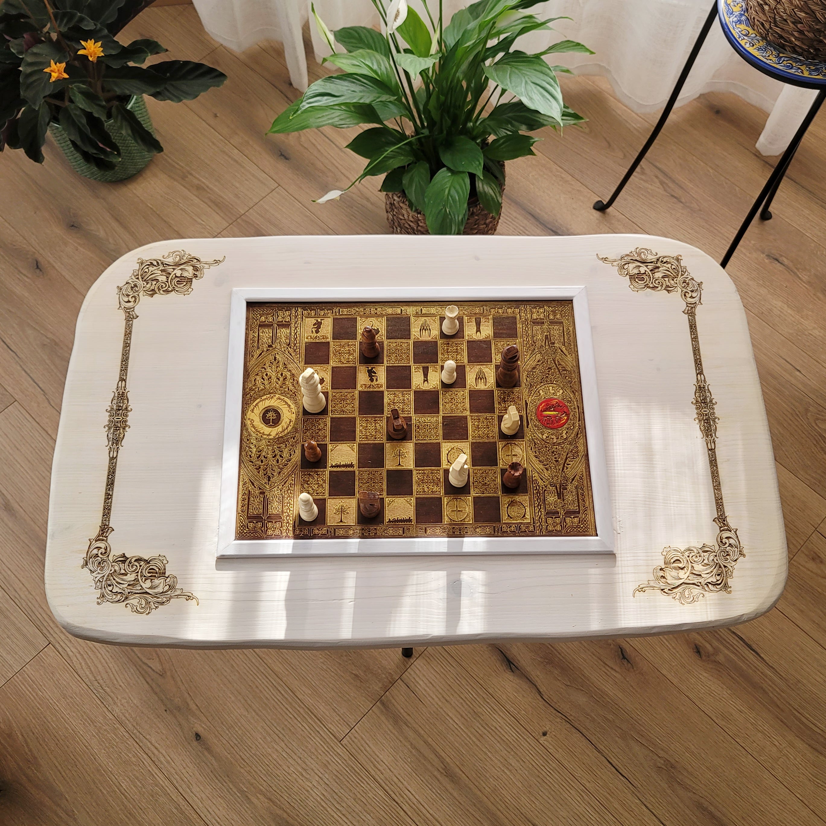 Handmade white stained Douglas Fir coffee table with gold engraved walnut chessboard inlay — artisan fantasy wood furniture