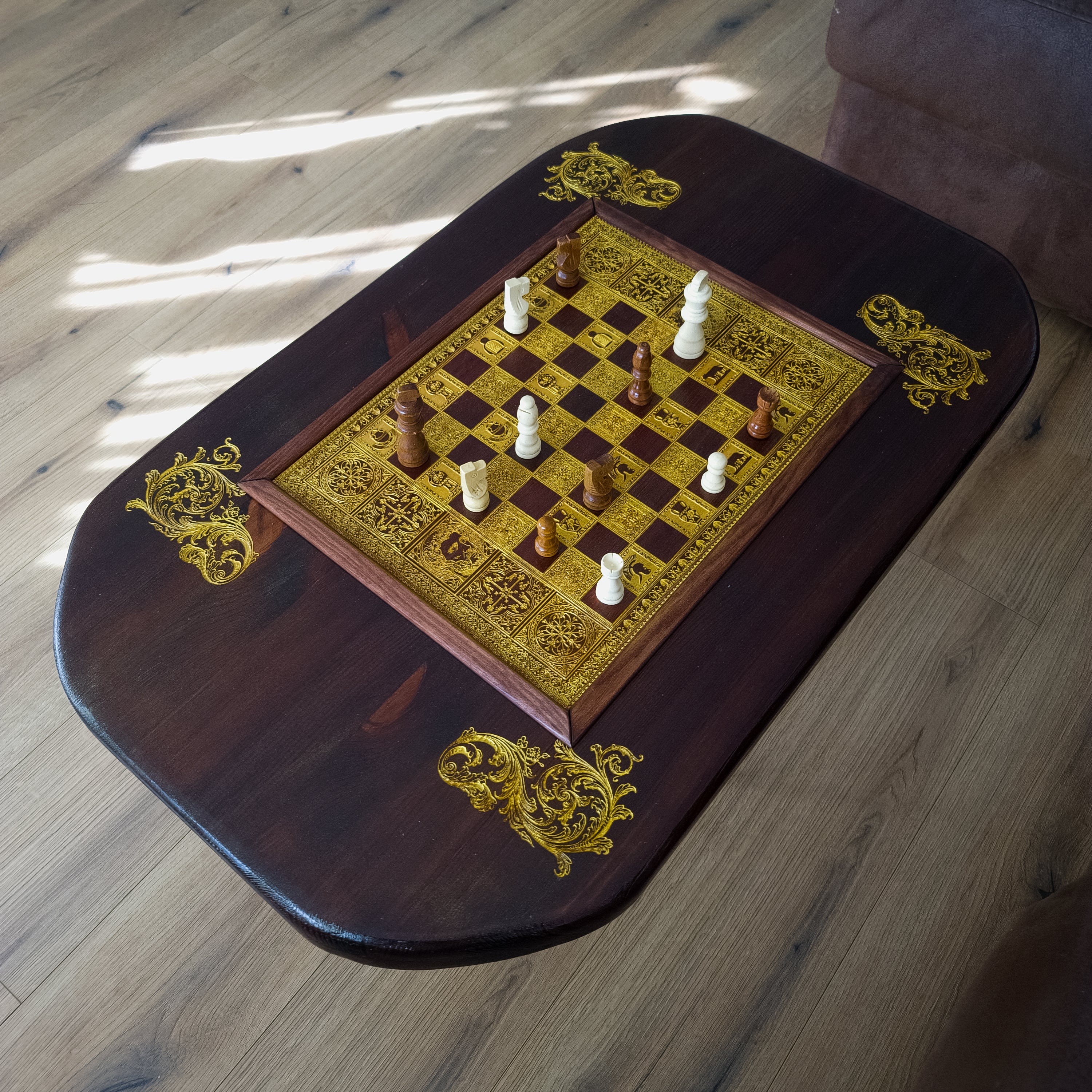 wood coffee table centrepiece for living room rustic decor with a chessboard laser engraved . side table furniture artisan hand made