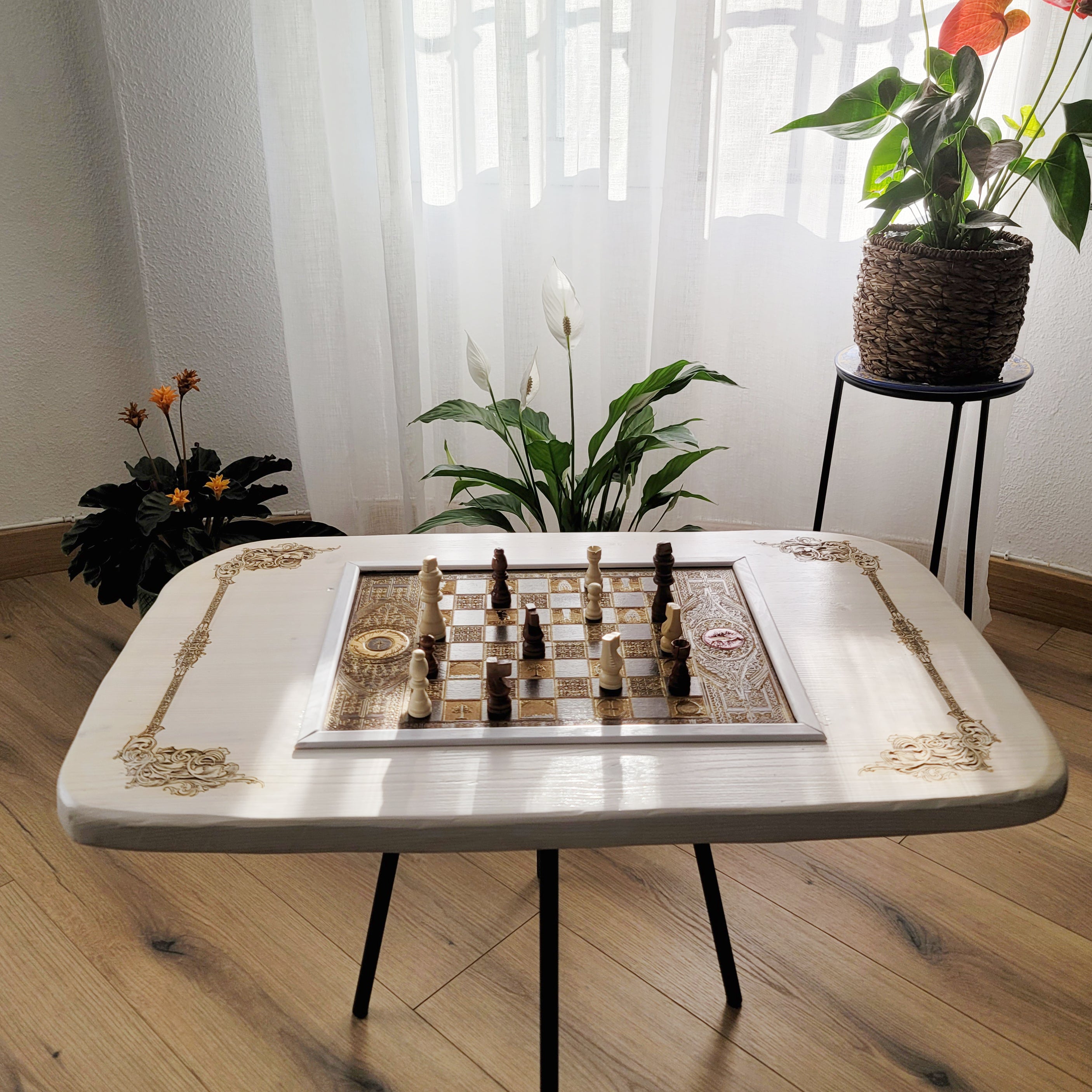Handmade white stained Douglas Fir coffee table with gold engraved walnut chessboard inlay — artisan fantasy wood furniture