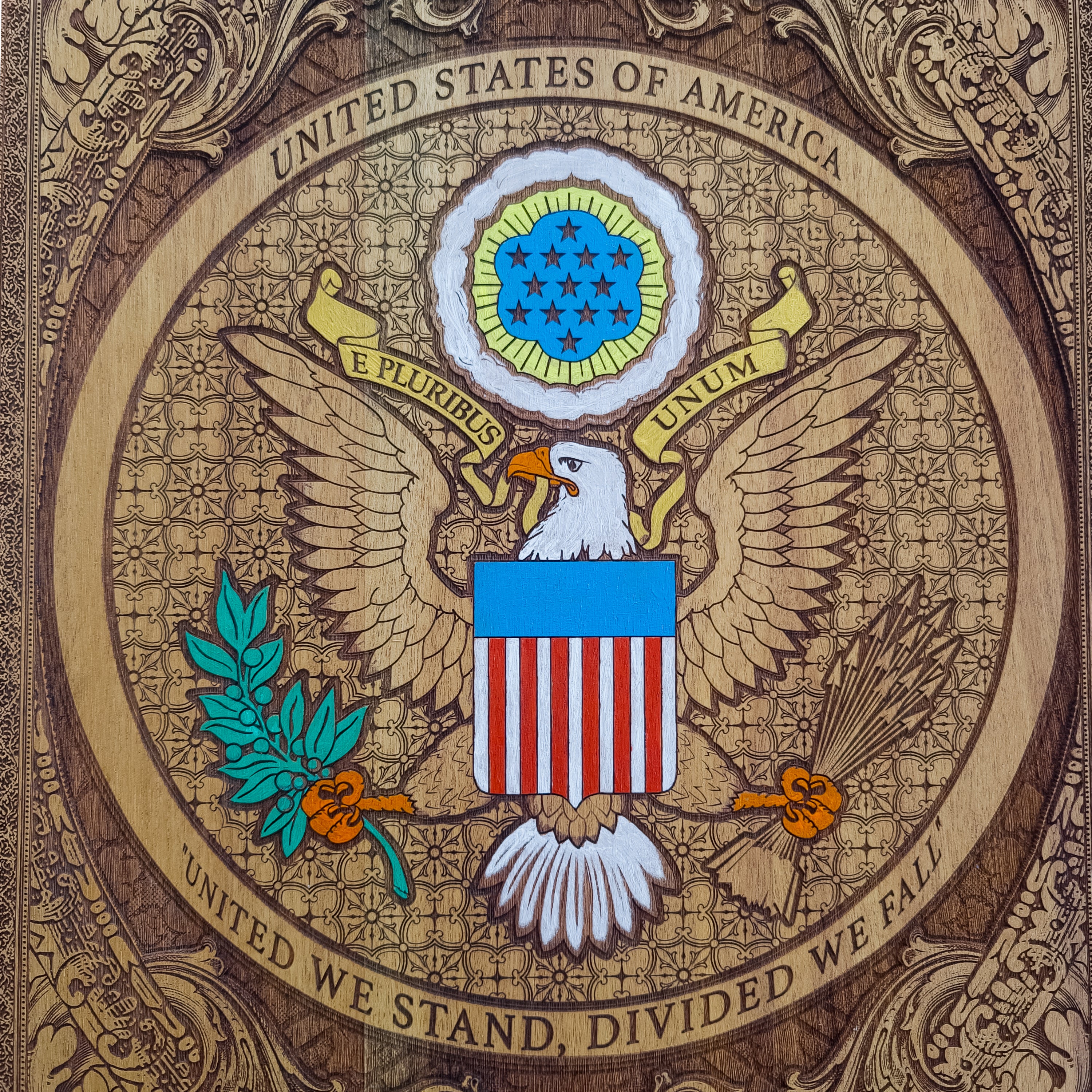 Handmade white wood coffee table with laser engraved and hand painted USA Great Seal inlay
