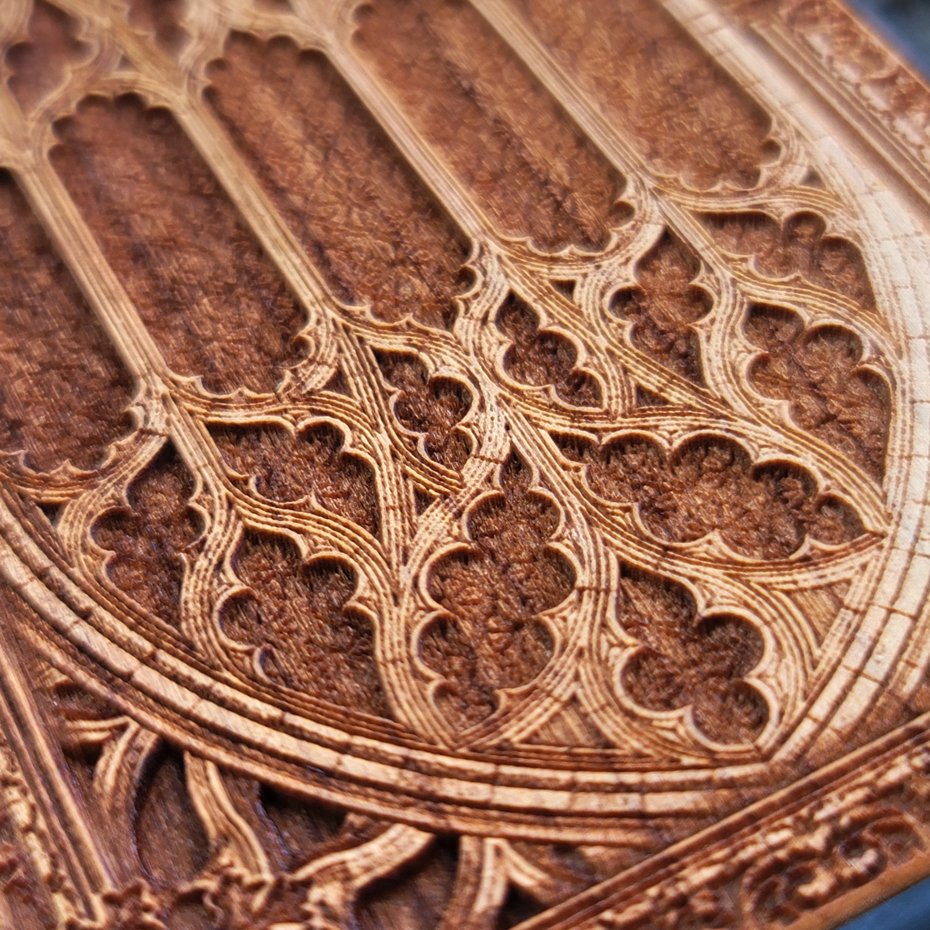 Wooden phone case with intricate gothic pattern, laser-engraved for iPhone 16, iPhone 15, Samsung Galaxy S25, S24, Note 20. Durable and unique, perfect for gothic art fans and collectors.