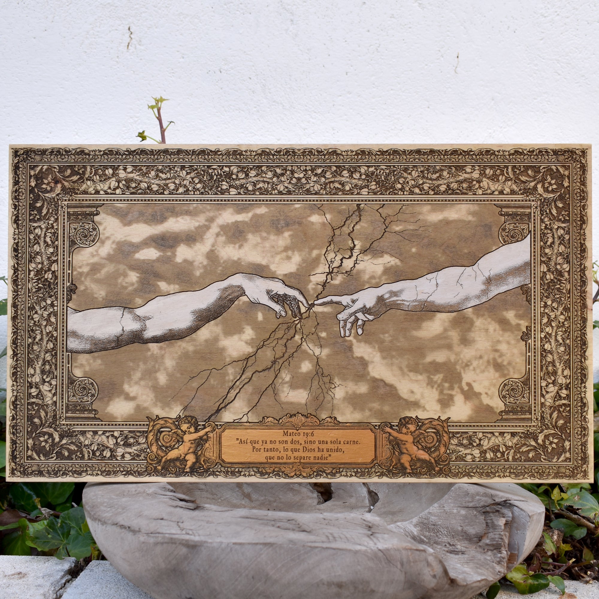 Personalized wedding and anniversary gift engraved on real wood inspired by Michelangelo Creation of Adam with custom names and date