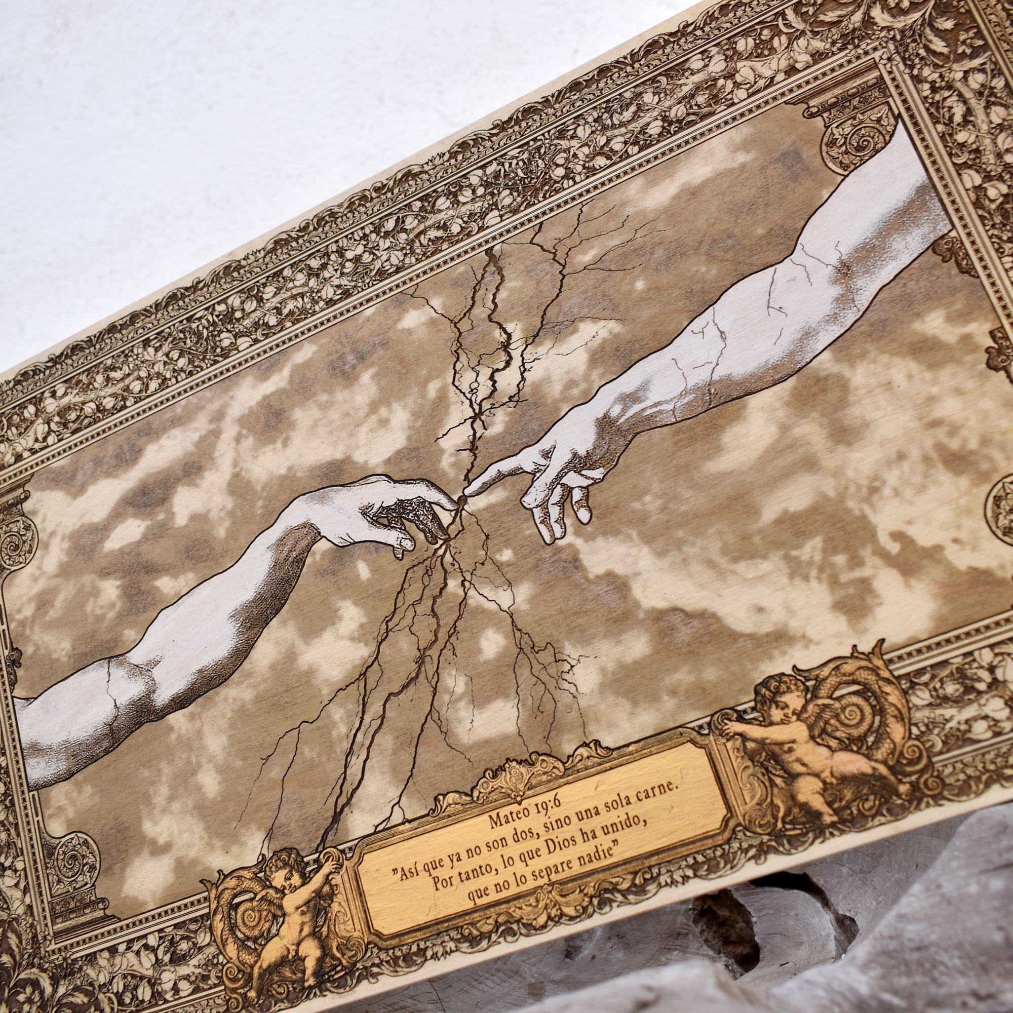 Personalized wedding and anniversary gift engraved on real wood inspired by Michelangelo Creation of Adam with custom names and date