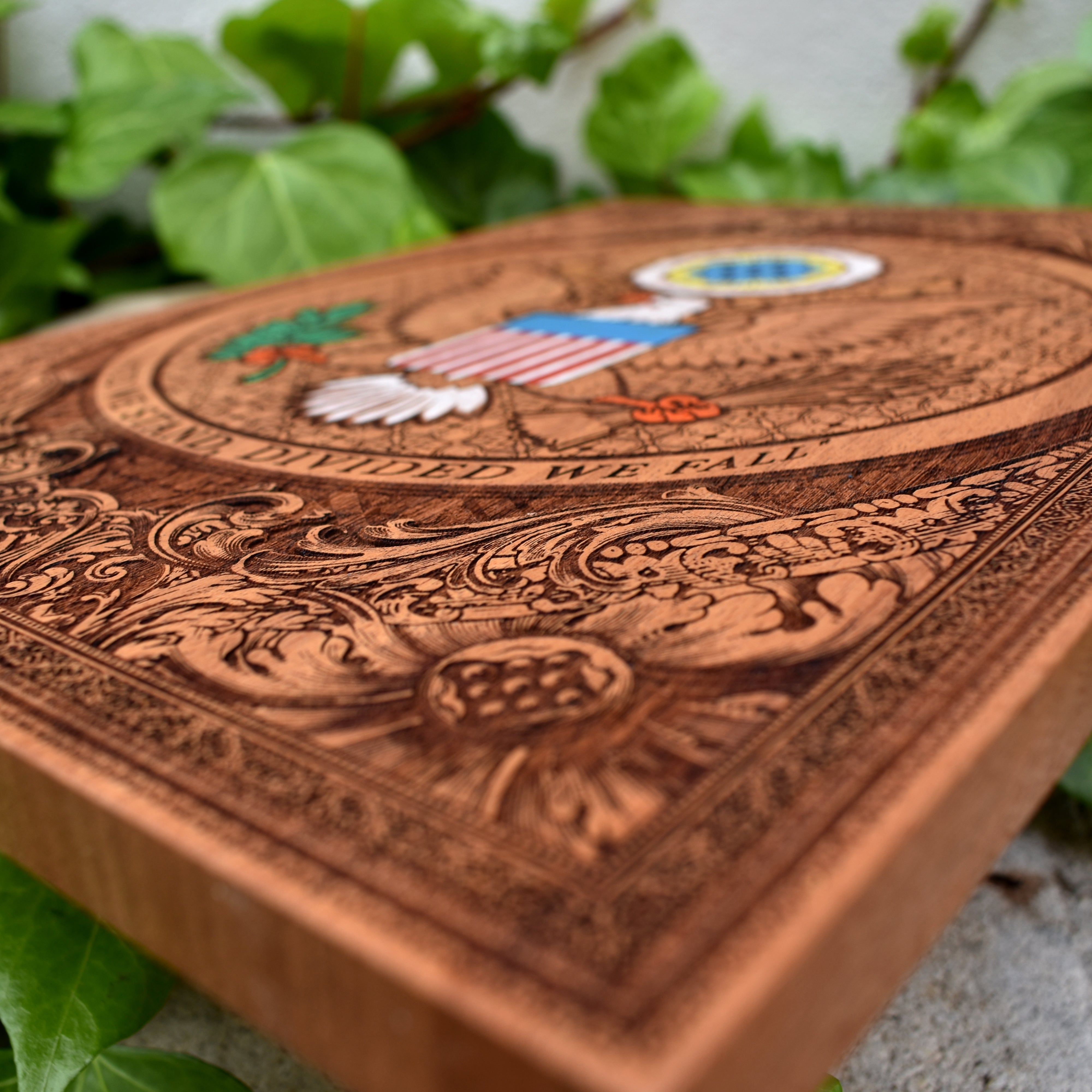 Laser engraved and hand painted wooden wall art featuring the USA Great Seal and American eagle patriotic design