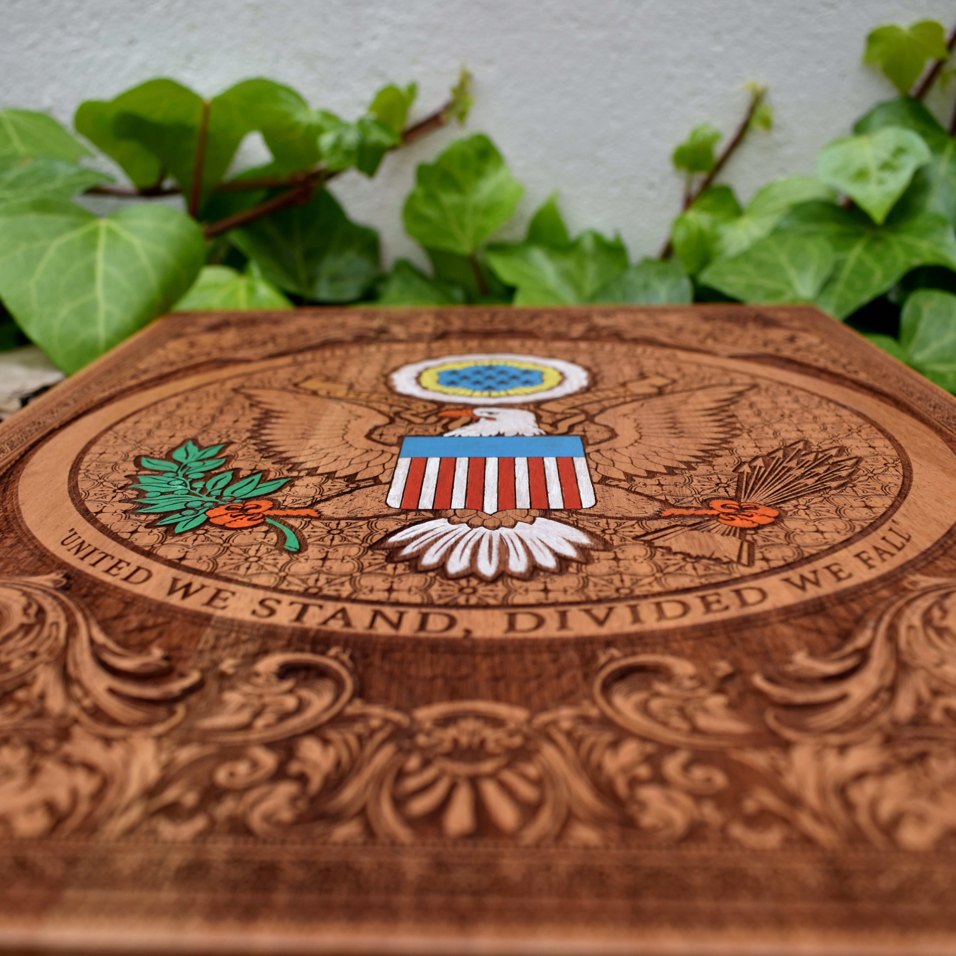 Laser engraved and hand painted wooden wall art featuring the USA Great Seal and American eagle patriotic design