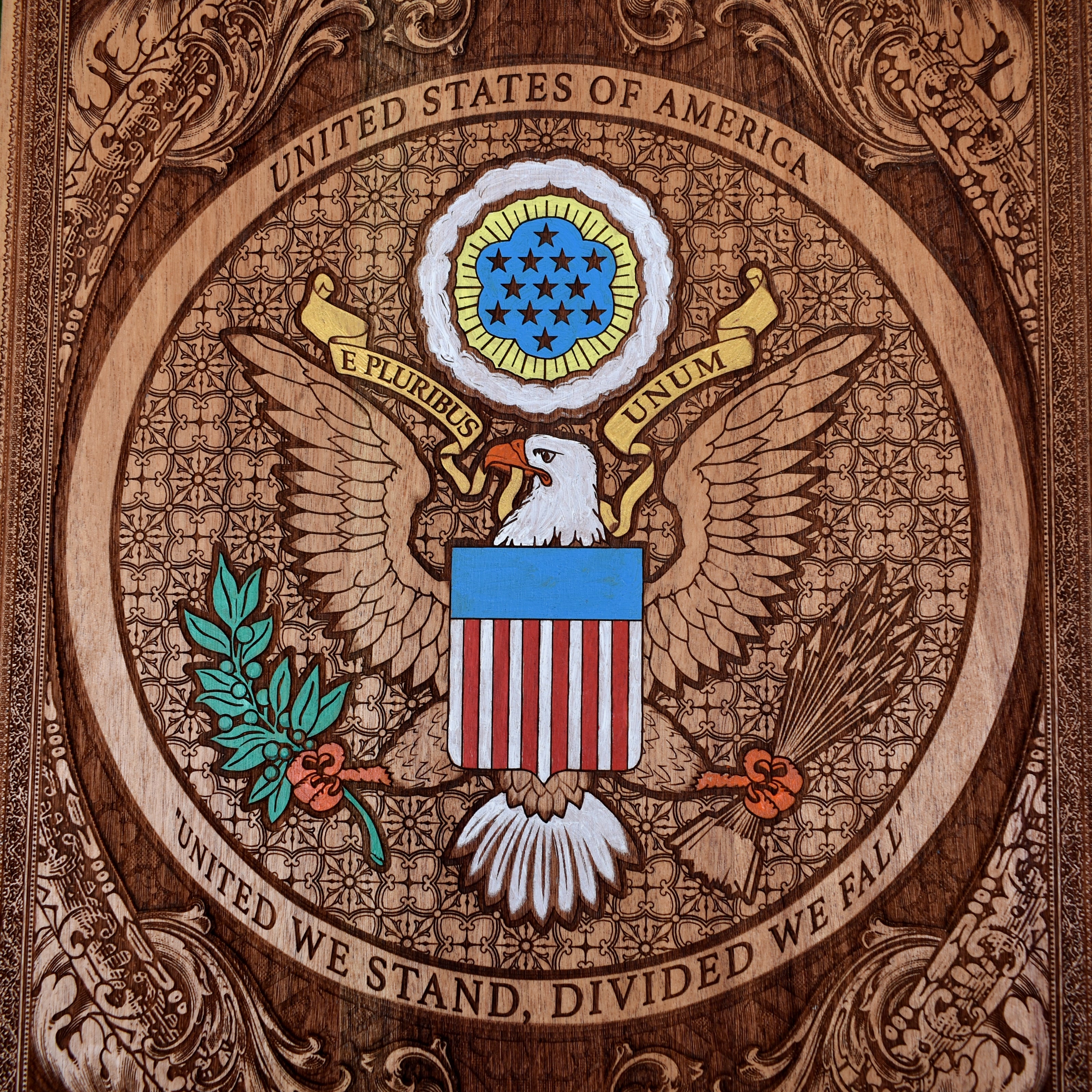 Laser engraved and hand painted wooden wall art featuring the USA Great Seal and American eagle patriotic design