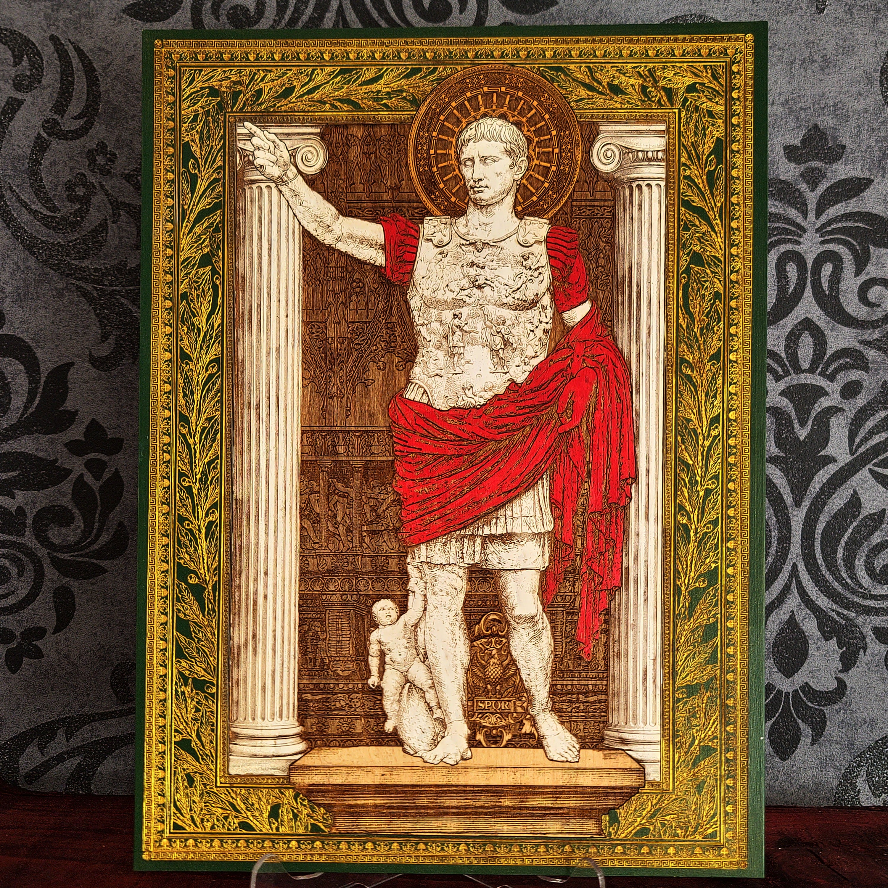 Augustus Roman Emperor engraved wood wall art with Roman columns, laurel border and hand painted classical details