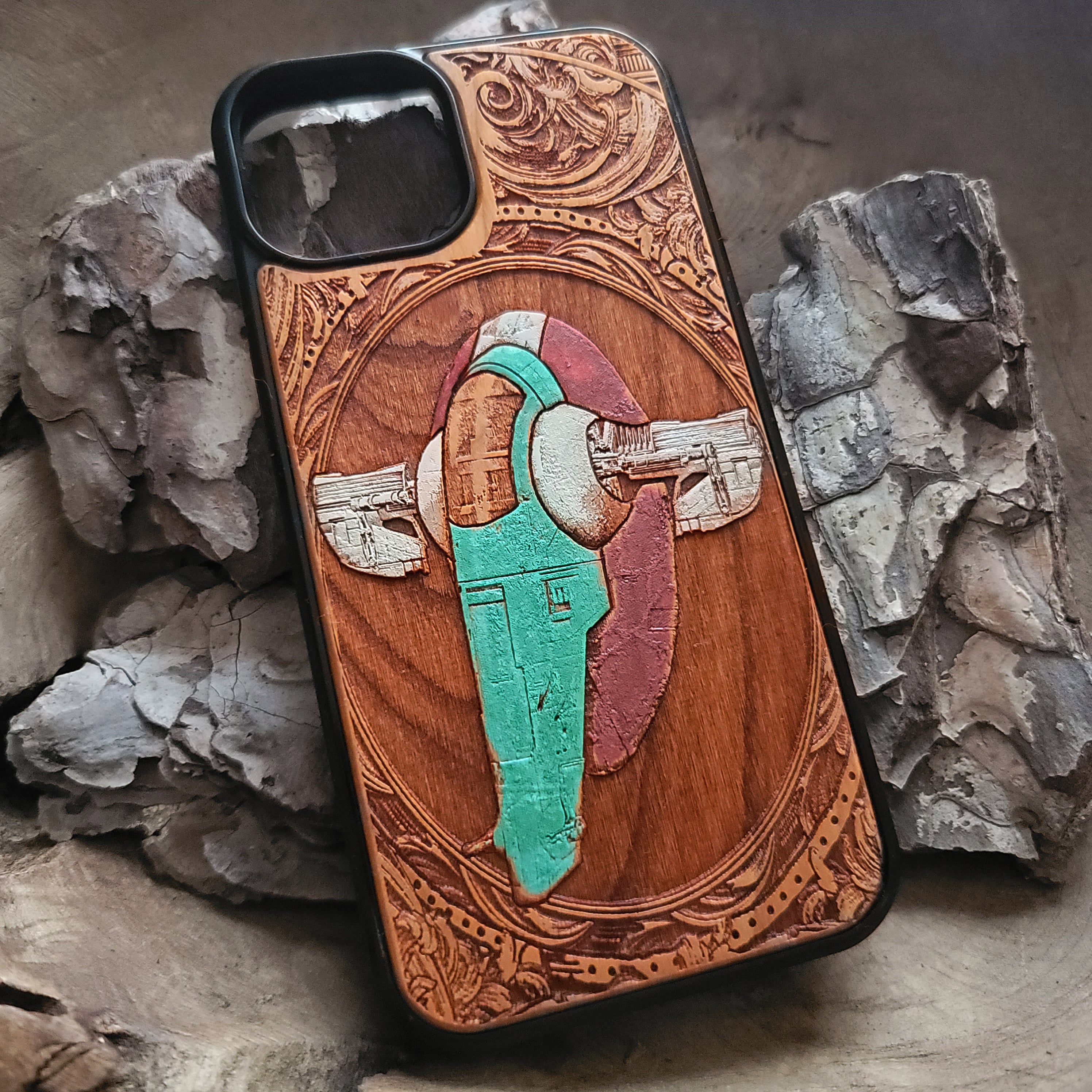 Boba Fett Slave I spaceship artwork engraved on a wooden phone case, compatible with iPhone and Samsung Galaxy