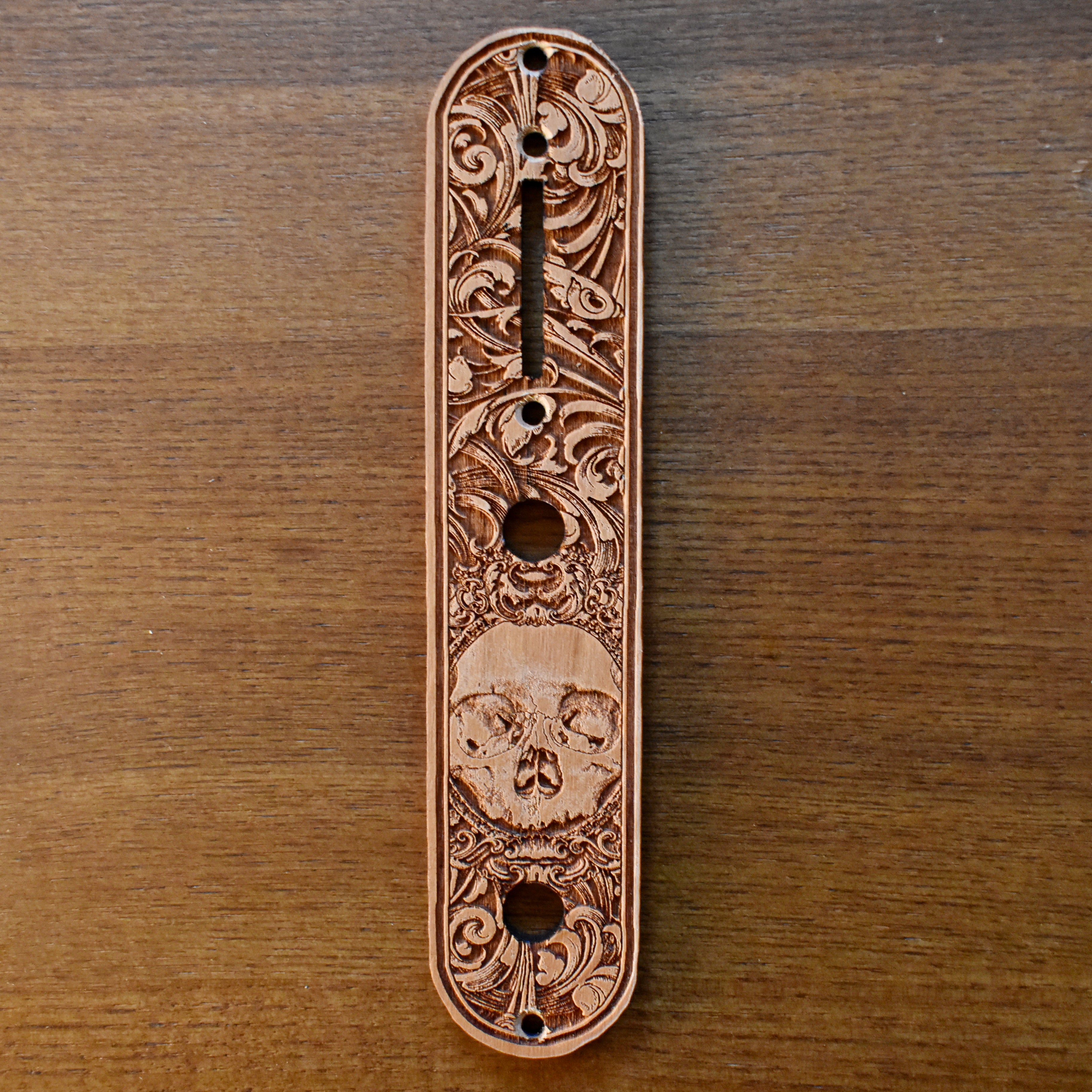 Telecaster Control Plate Medieval Skull Ornate – gothic art, engraved wood, dark fantasy, skeleton design, artisan crafted