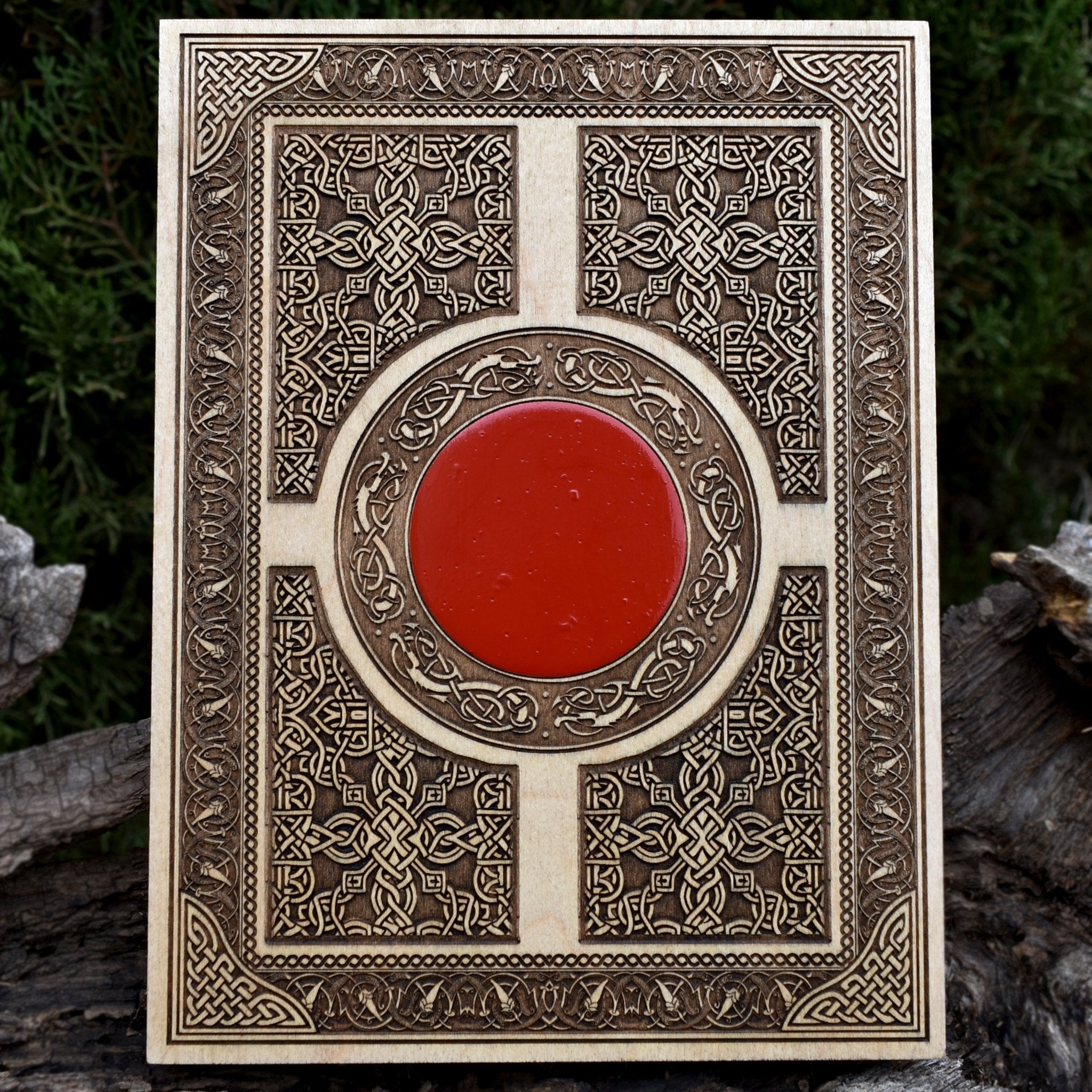 Handcrafted Celtic window wood art with customizable symbol engraving