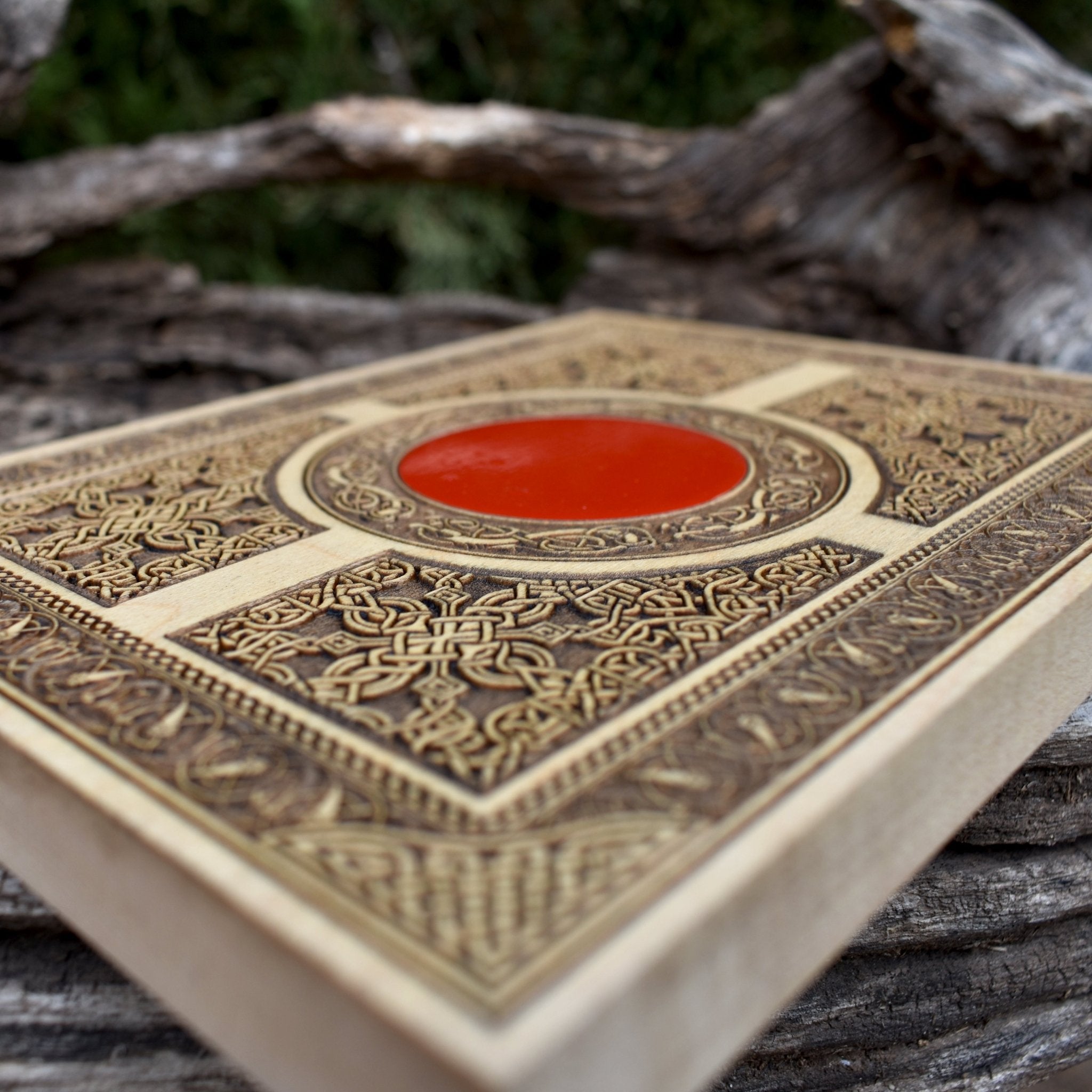 Custom wooden Celtic wall art with intricate engraving and unique symbols