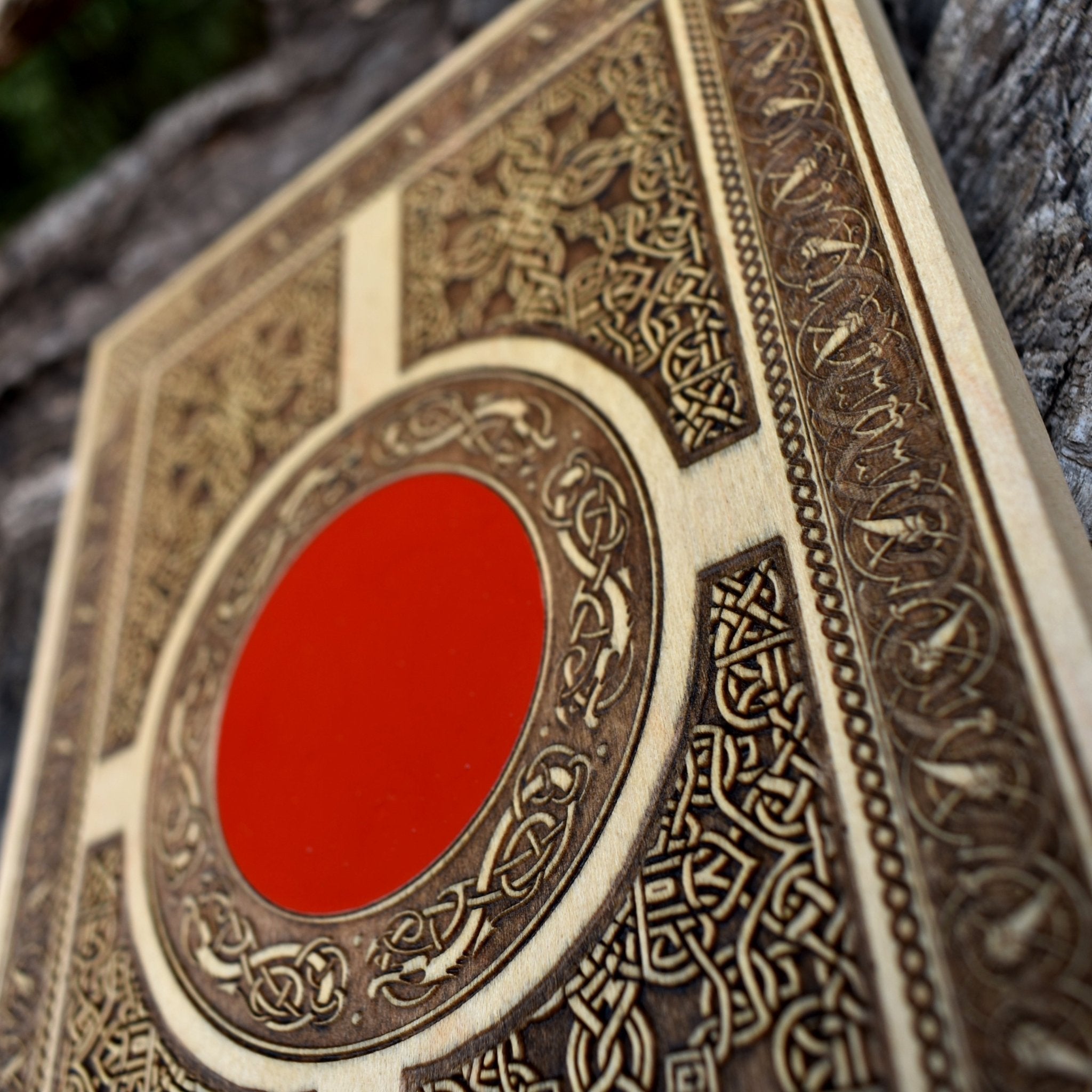 Celtic window-inspired wood decor with high-detail custom engraving