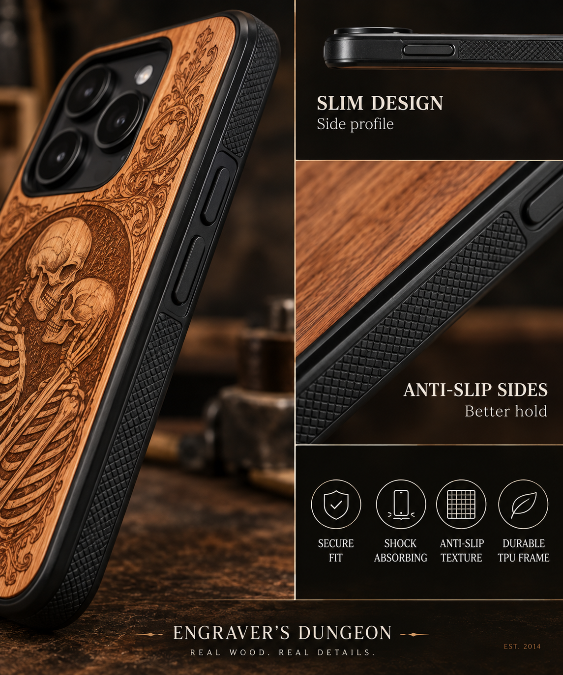 Protective personalized wood phone case with flexible TPU sides and anti-slip grip