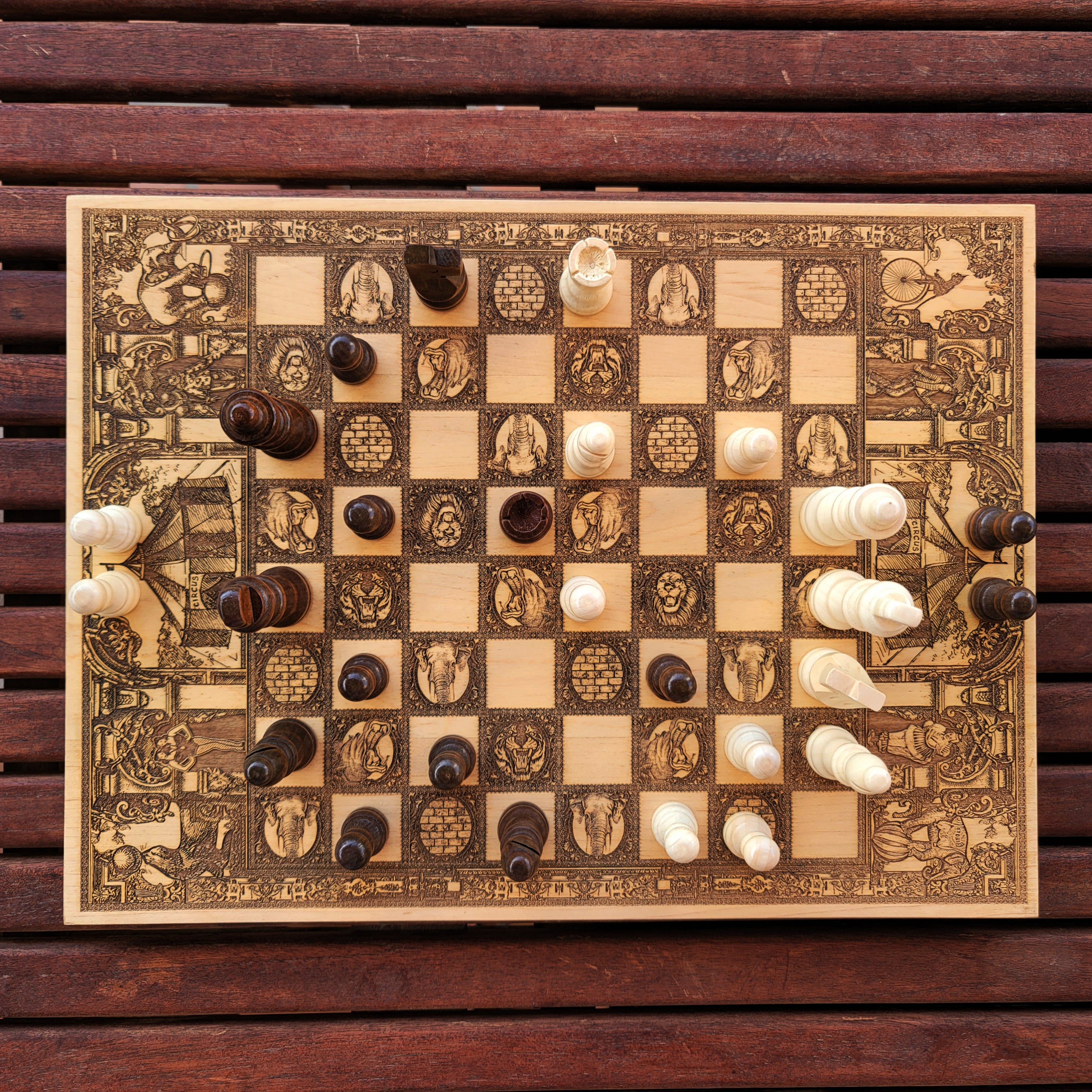 Handcrafted vintage circus chessboard, laser-engraved in wood – perfect 5-year anniversary gift.
