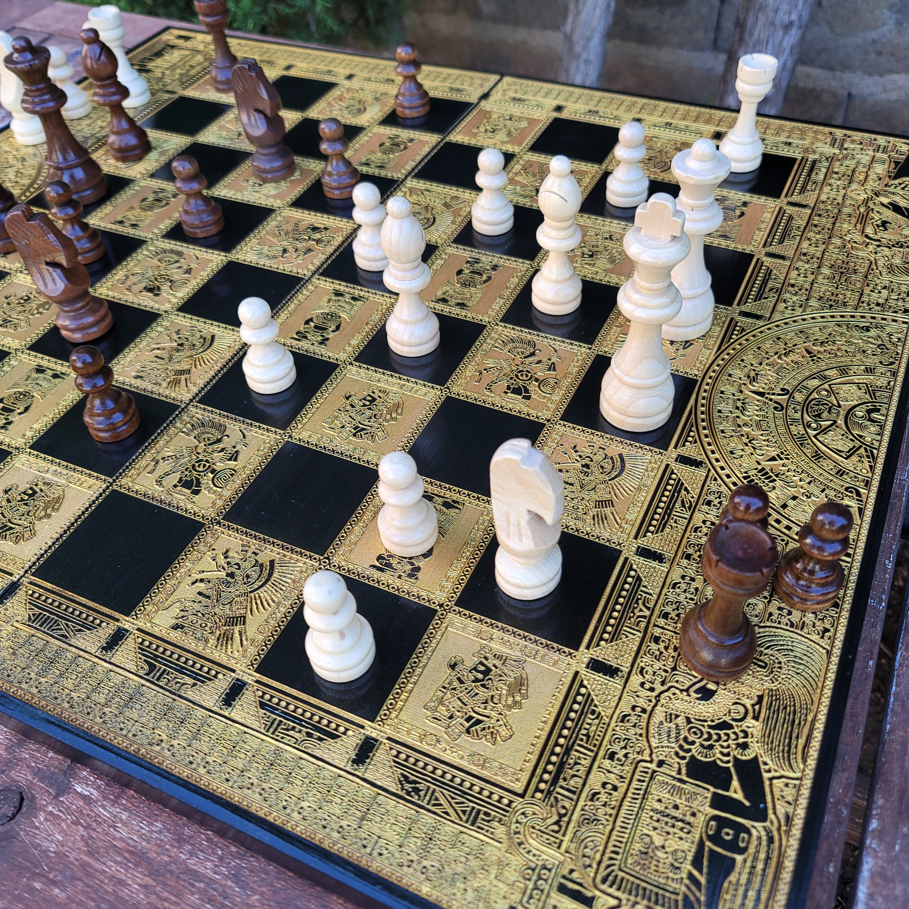 Aztec Chess Board - Black & Gold - Tournament Size