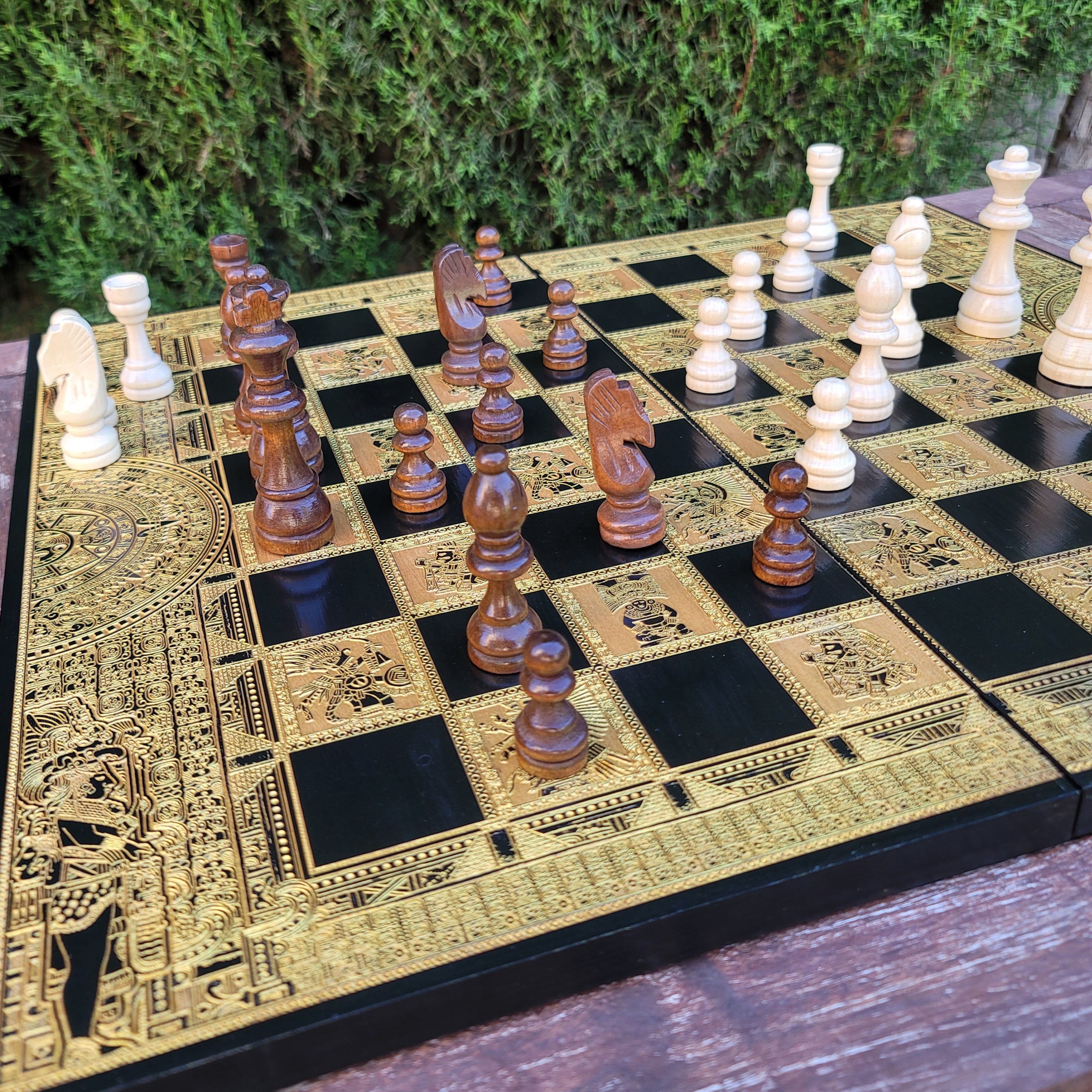 Aztec Chess Board - Black & Gold - Tournament Size