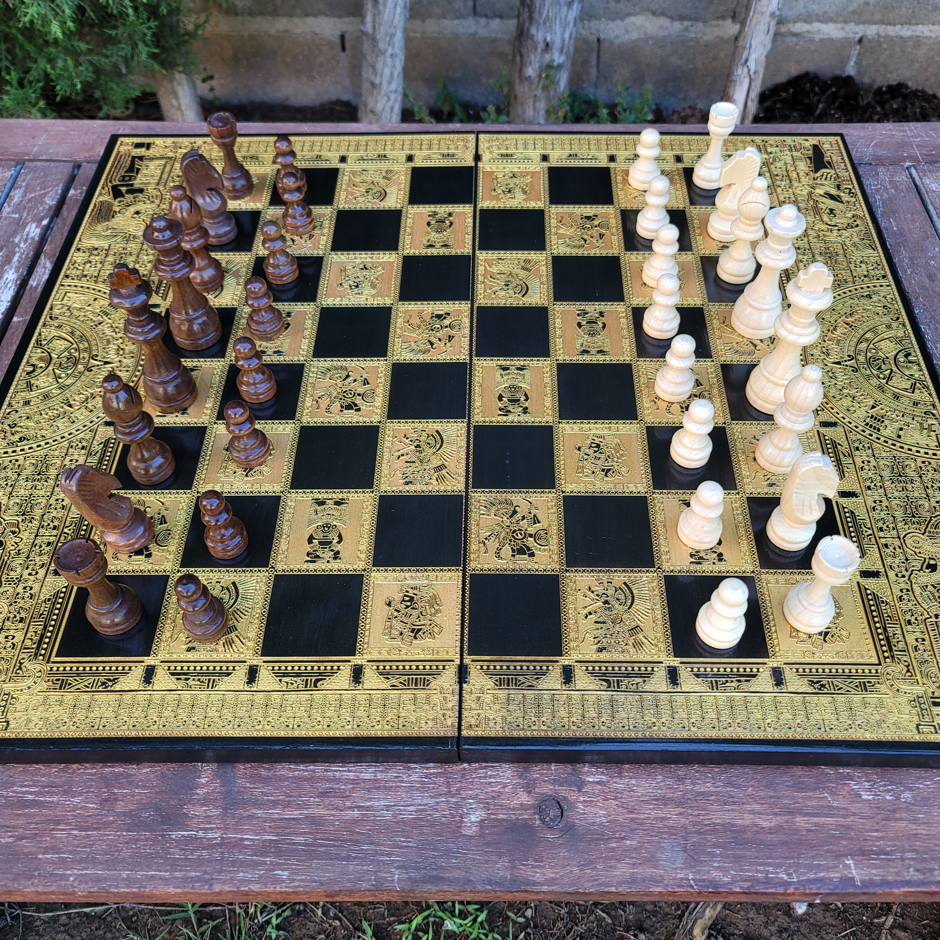 Aztec Chess Board - Black & Gold - Tournament Size