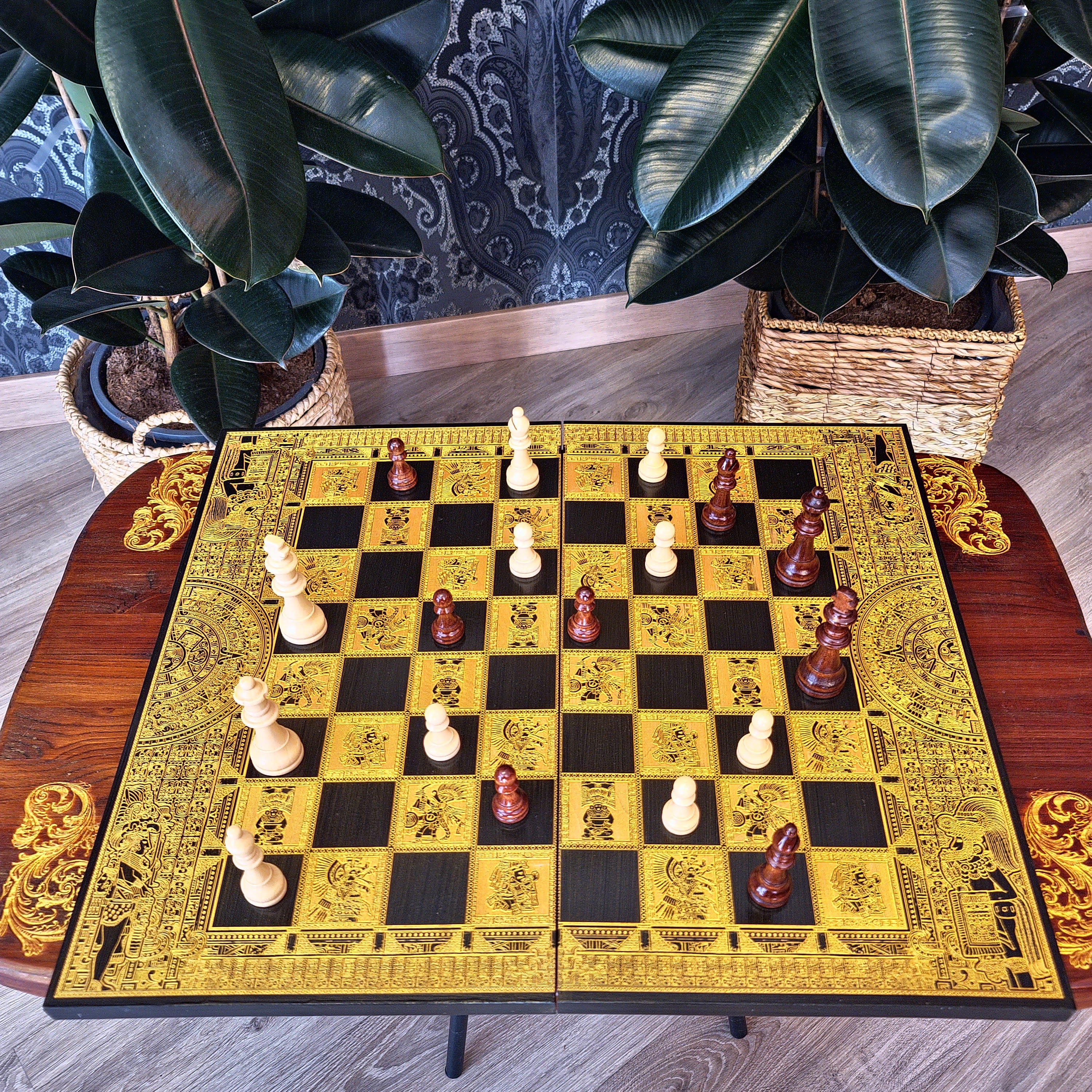 aztec theme wood chessboard black stained and golden engraved