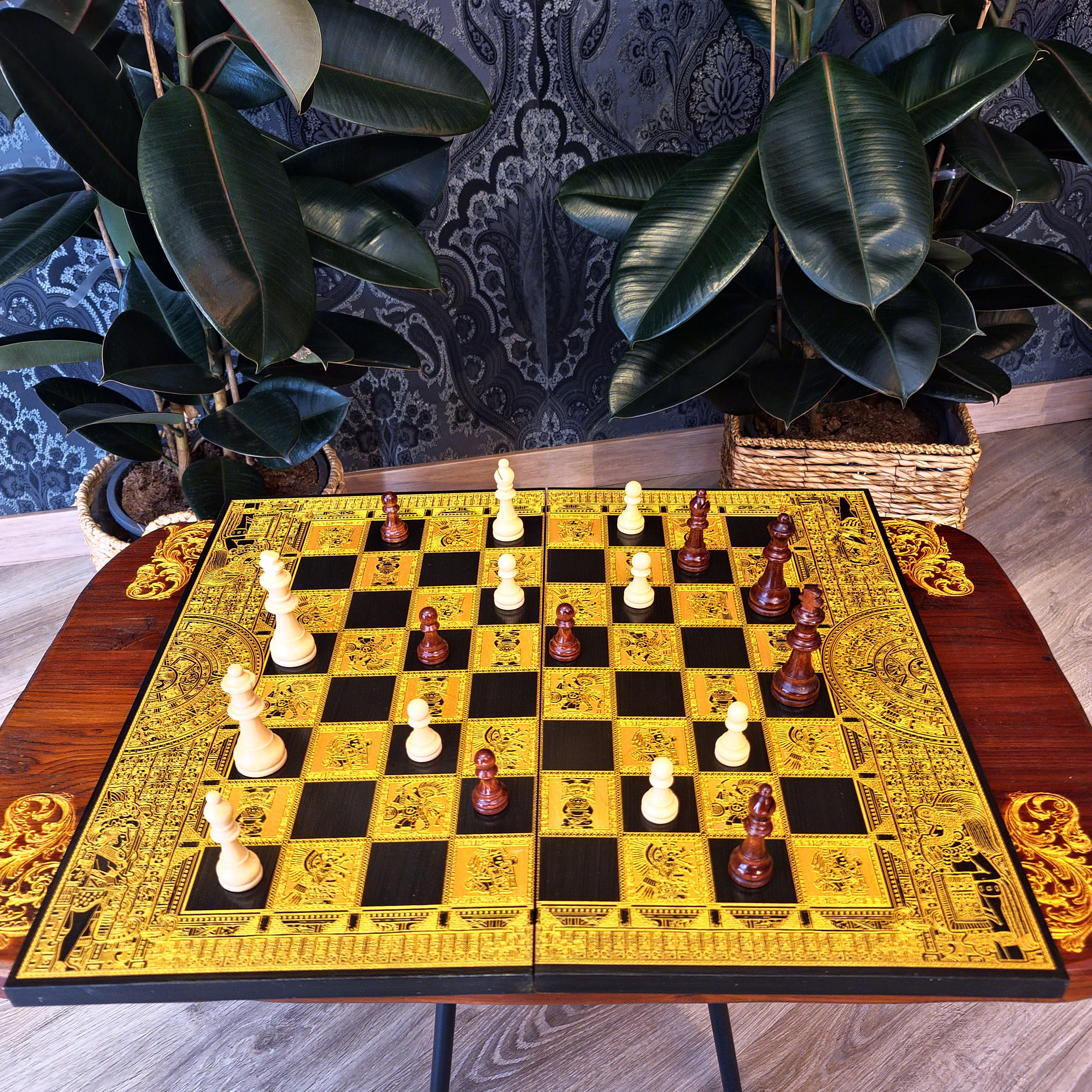 aztec theme wood chessboard black stained and golden engraved