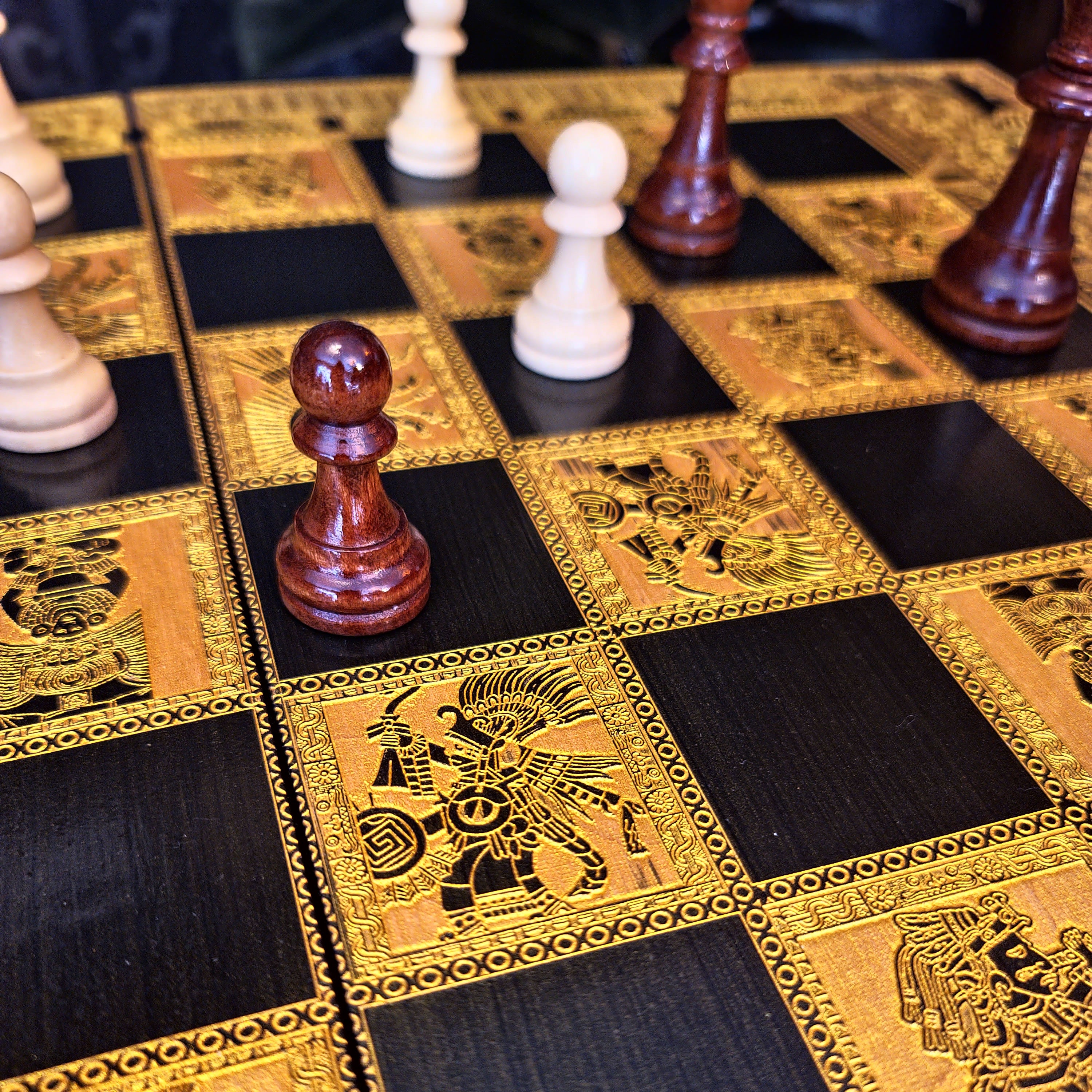 Aztec Chess Board - Black & Gold - Tournament Size