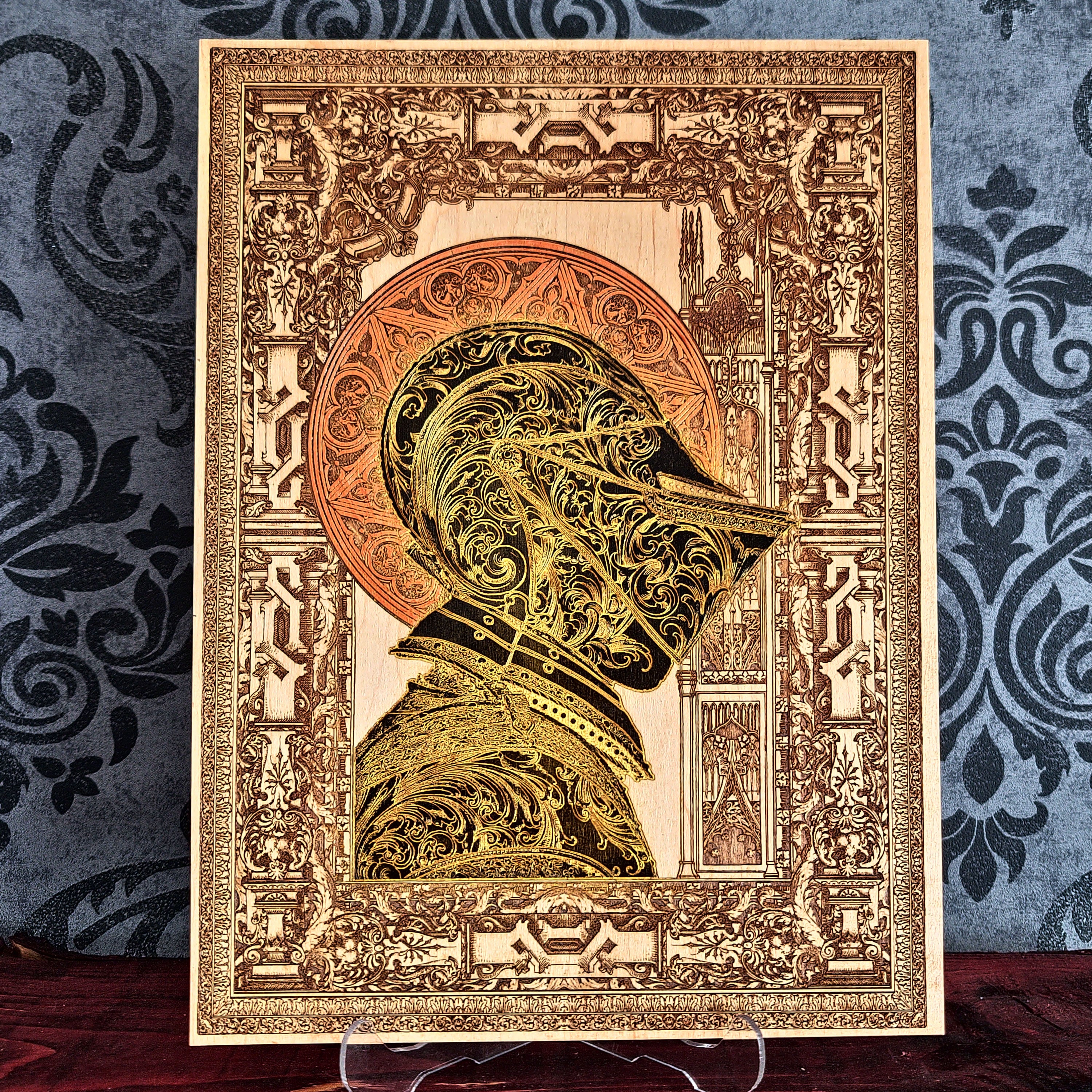 Medieval knight armor wood wall art with ornate helmet, gothic laser engraved patterns and hand painted gold and black details