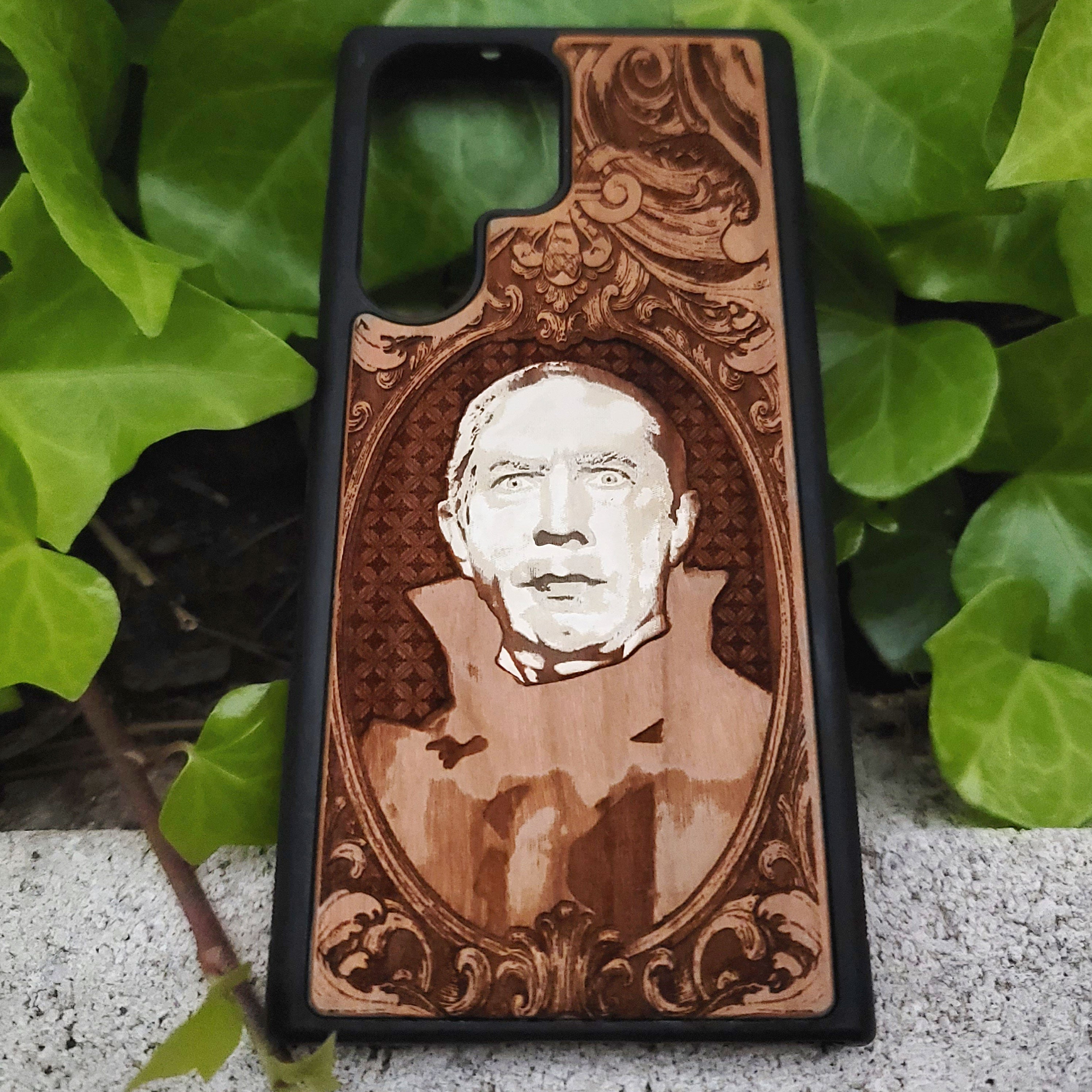Count Dracula - Wood Phone Case - Hand Painted – gothic art, engraved wood, dark fantasy, skeleton design, artisan crafted