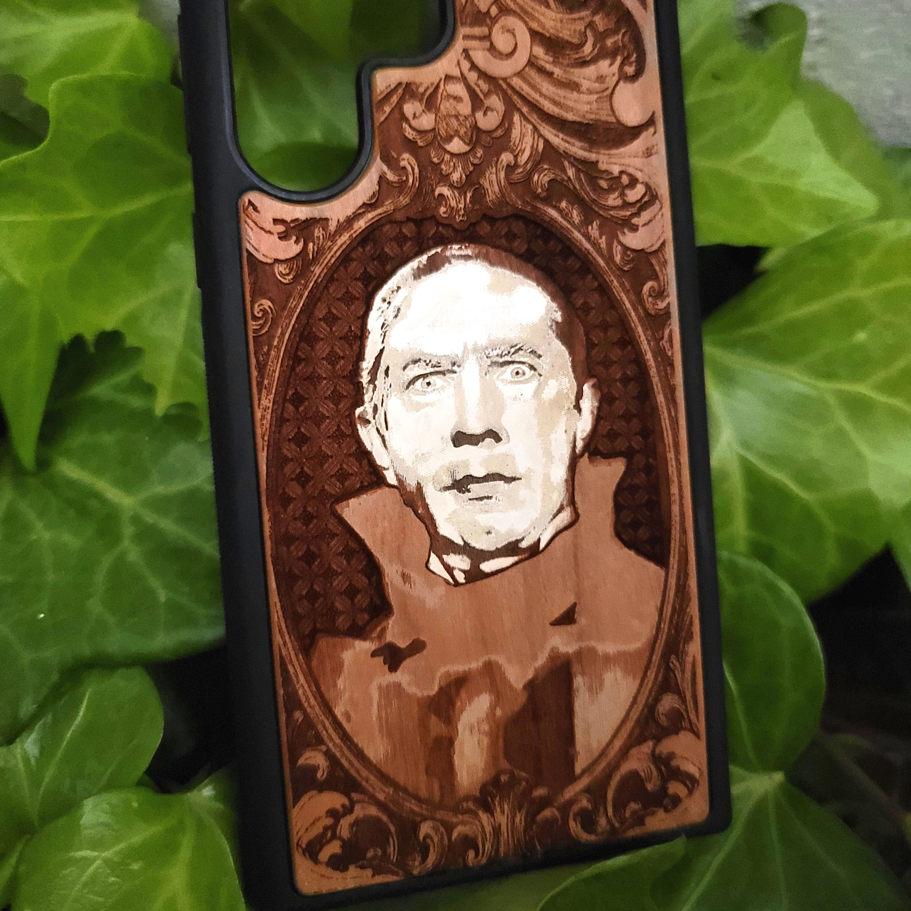 Handcrafted wood phone case with Bela Lugosi as Count Dracula — laser-engraved portrait capturing vintage horror and gothic vampire elegance, compatible with iPhone and Galaxy.