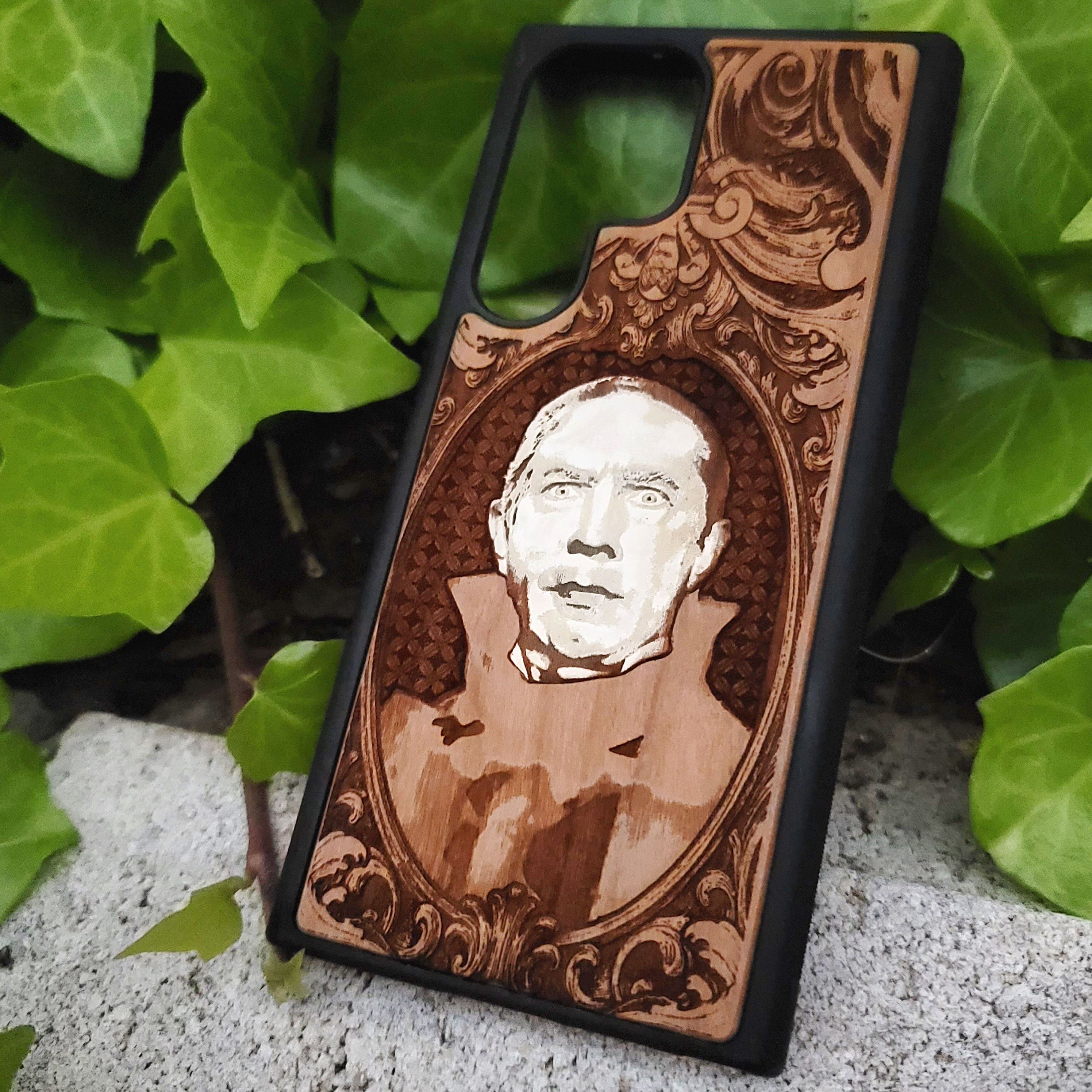 Count Dracula - Wood Phone Case - Hand Painted – gothic art, engraved wood, dark fantasy, skeleton design, artisan crafted