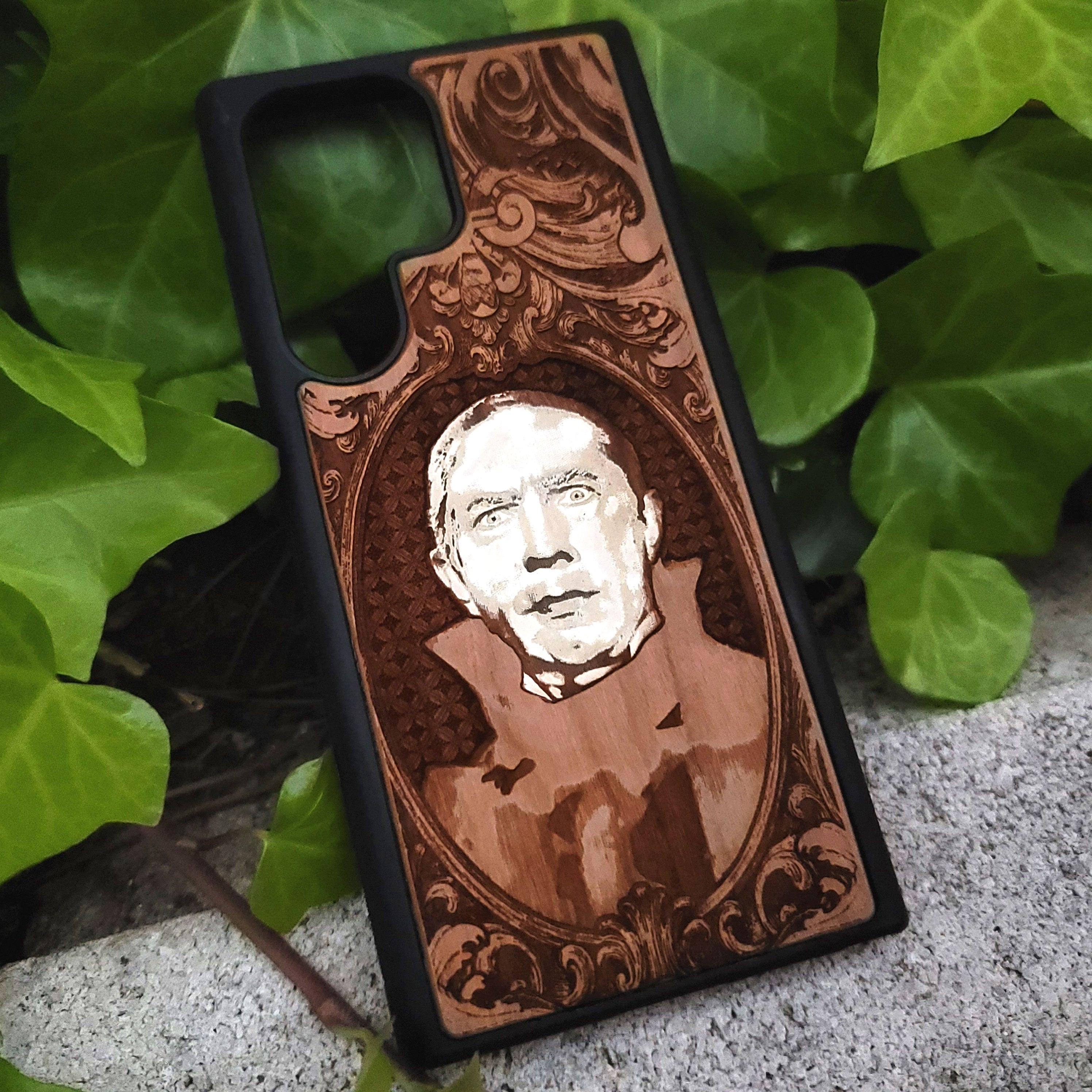 Count Dracula - Wood Phone Case - Hand Painted – gothic art, engraved wood, dark fantasy, skeleton design, artisan crafted