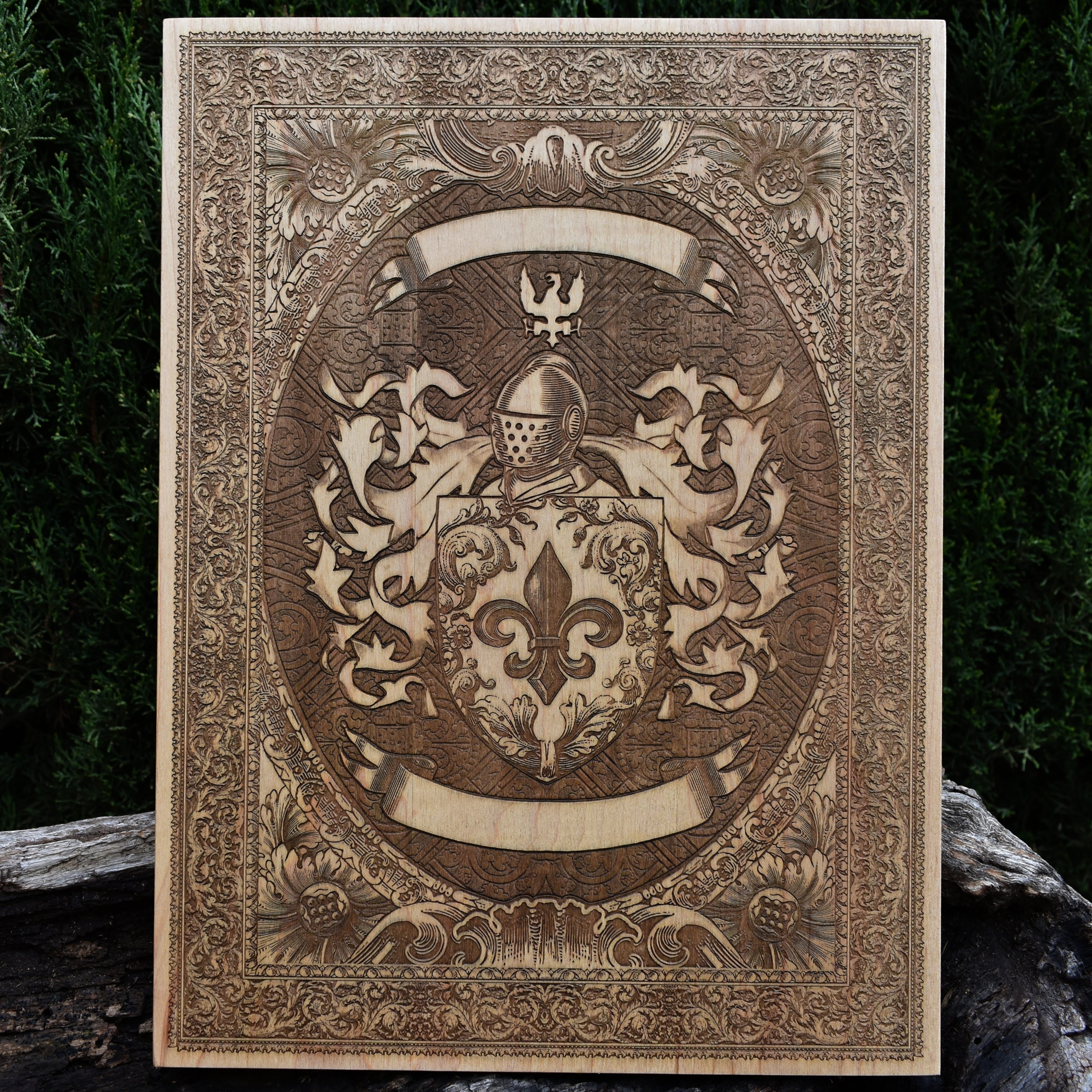 Personalized coat of arms engraved on wood, custom banner with family name.