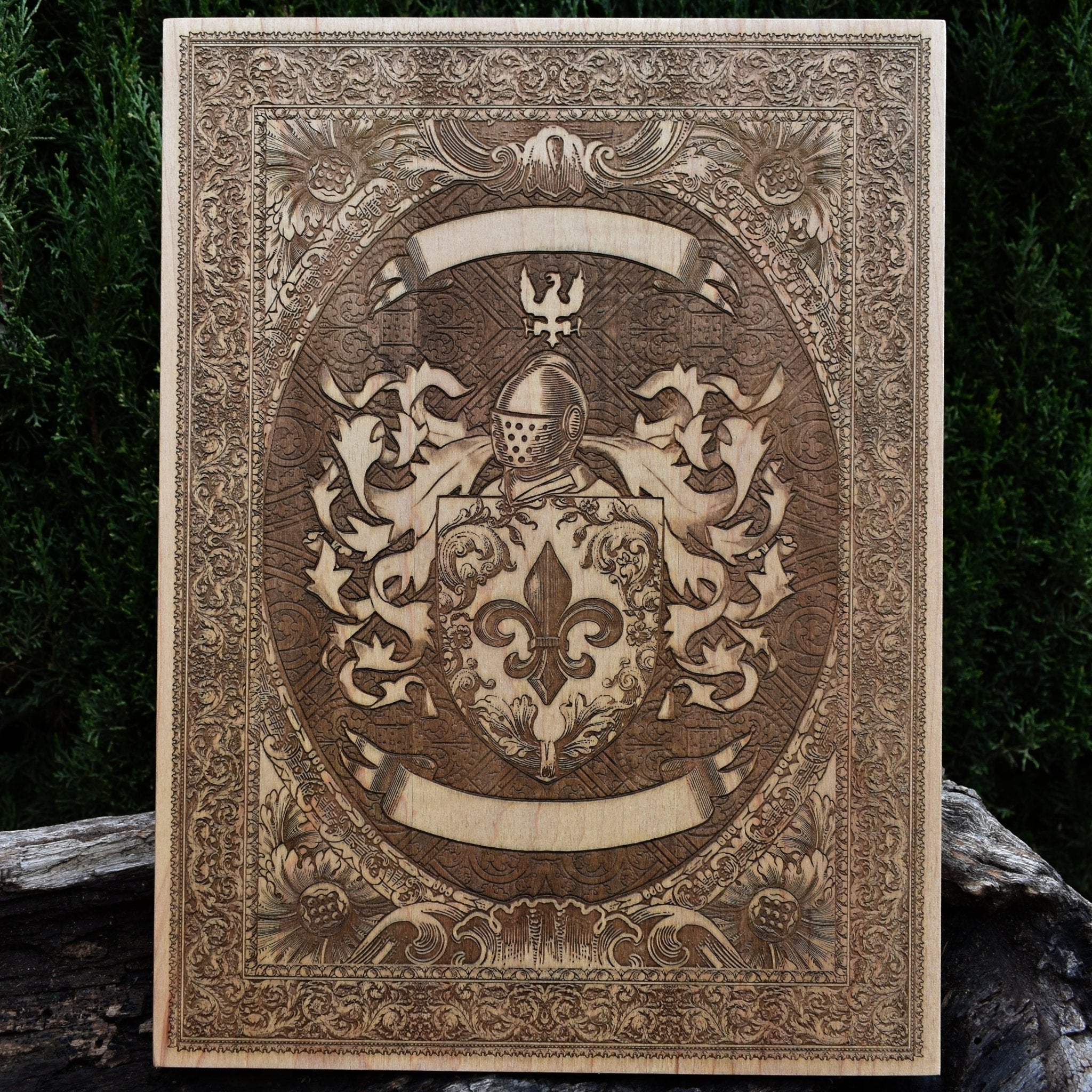 Personalized coat of arms engraved on wood, custom banner with family name.