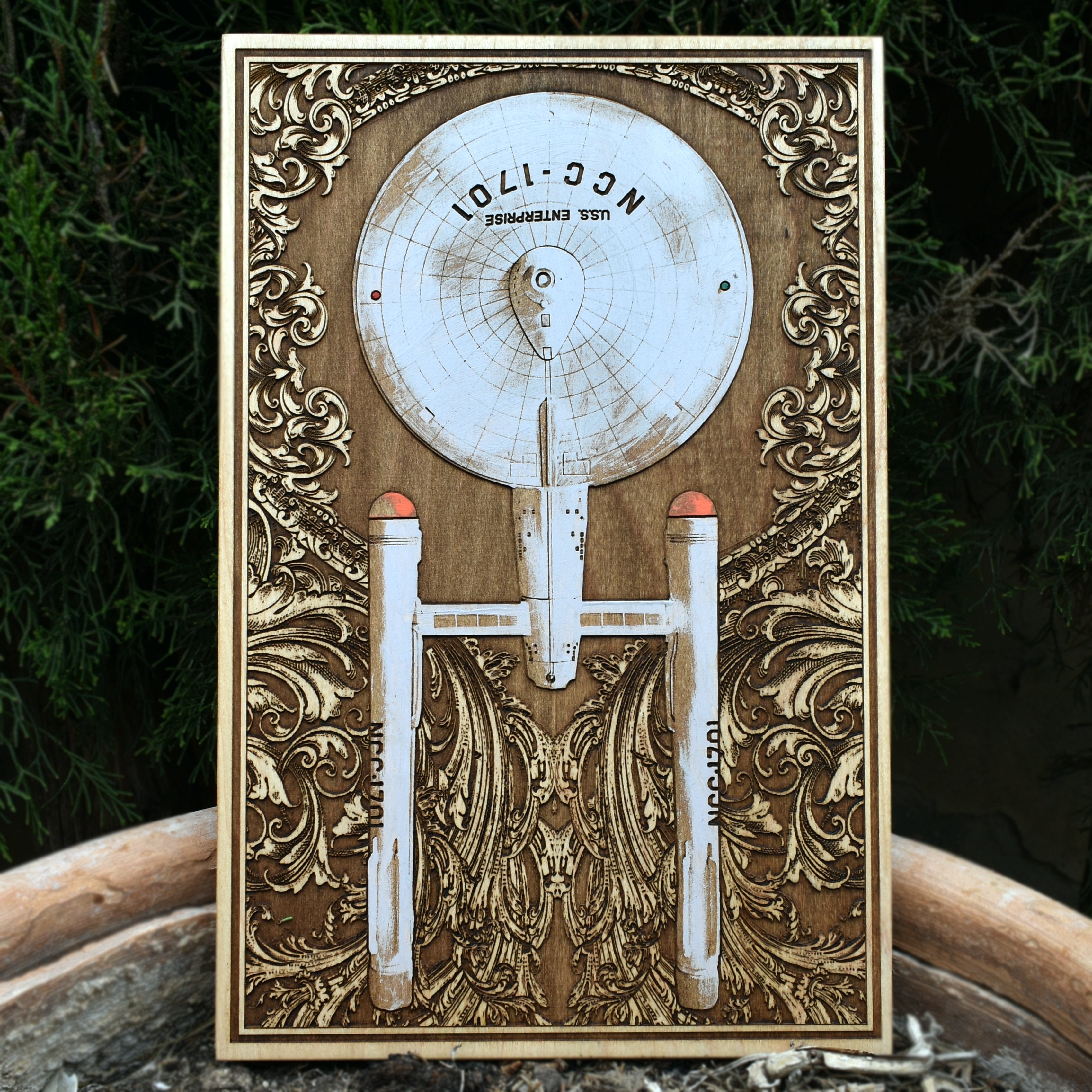 Laser-engraved wood art of NCC-1701 starship, perfect for Star Trek and sci-fi fans.