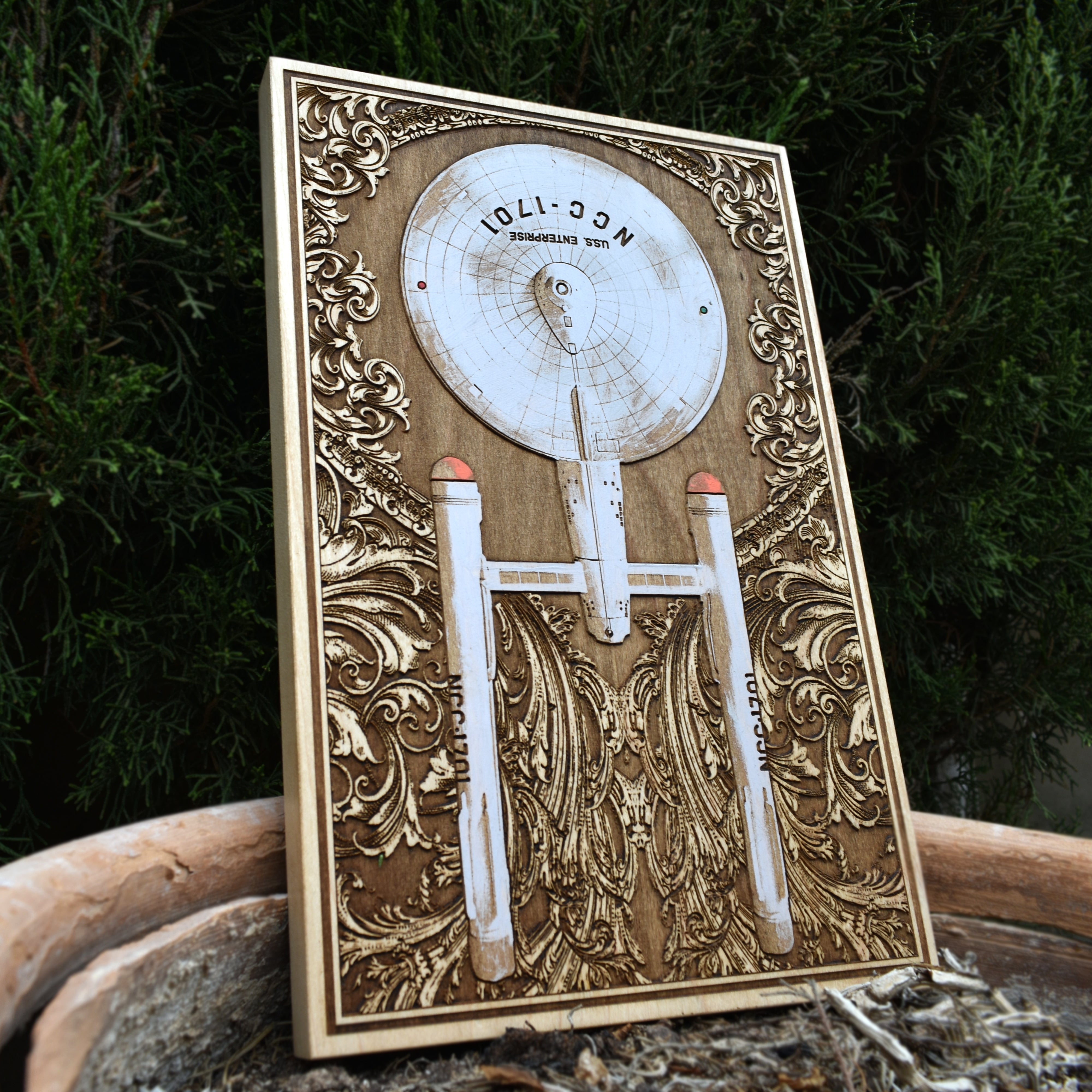 Enterprise spaceship wall decor engraved on cherry wood, ideal for collectors.