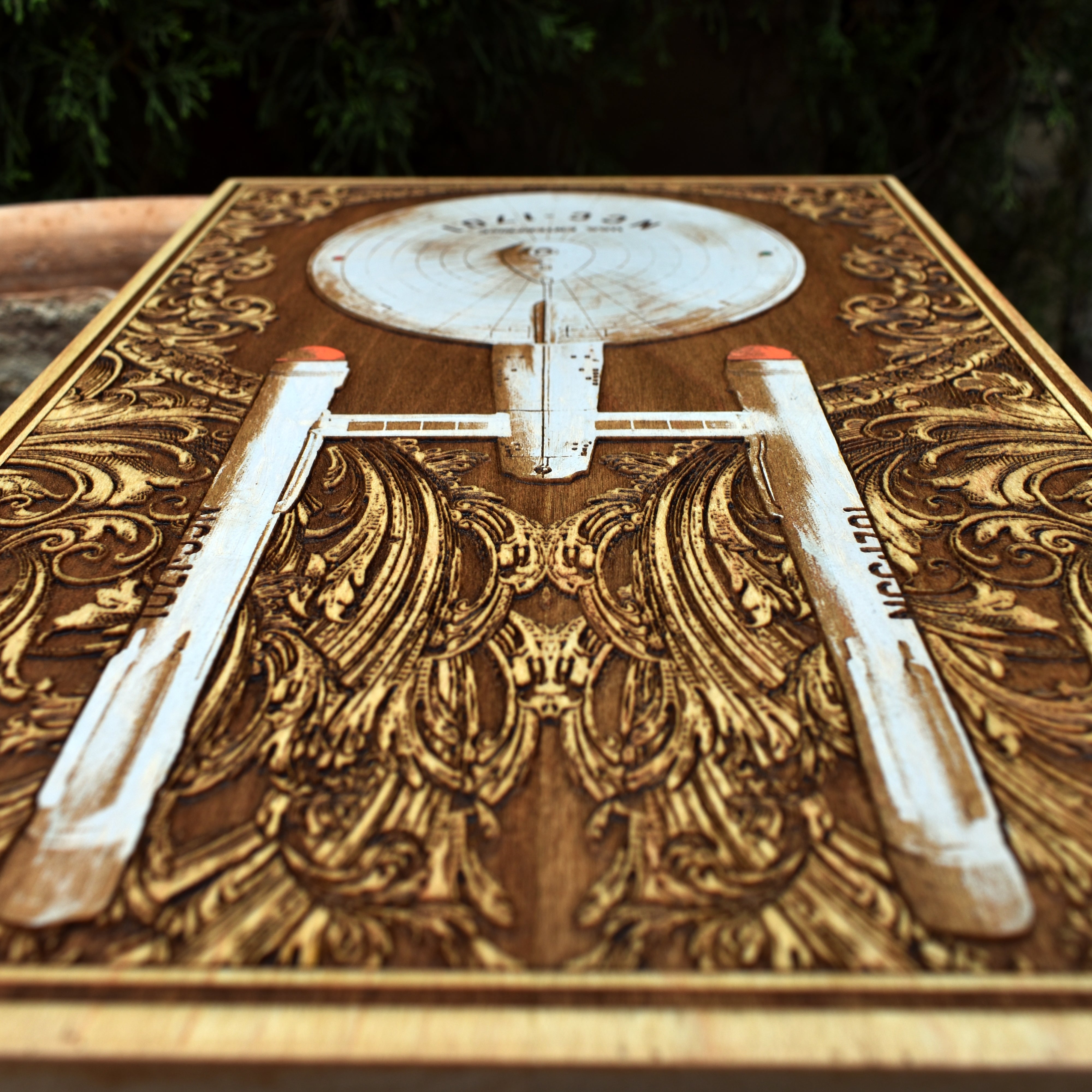 NCC-1701 starship wood engraving, handcrafted sci-fi gift for spaceship lovers.