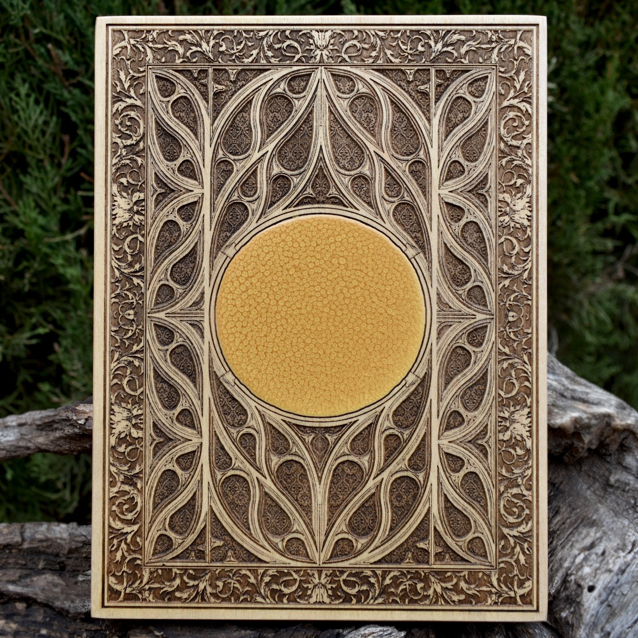 Gothic window wood wall art with custom symbol engraving for personalized decor.