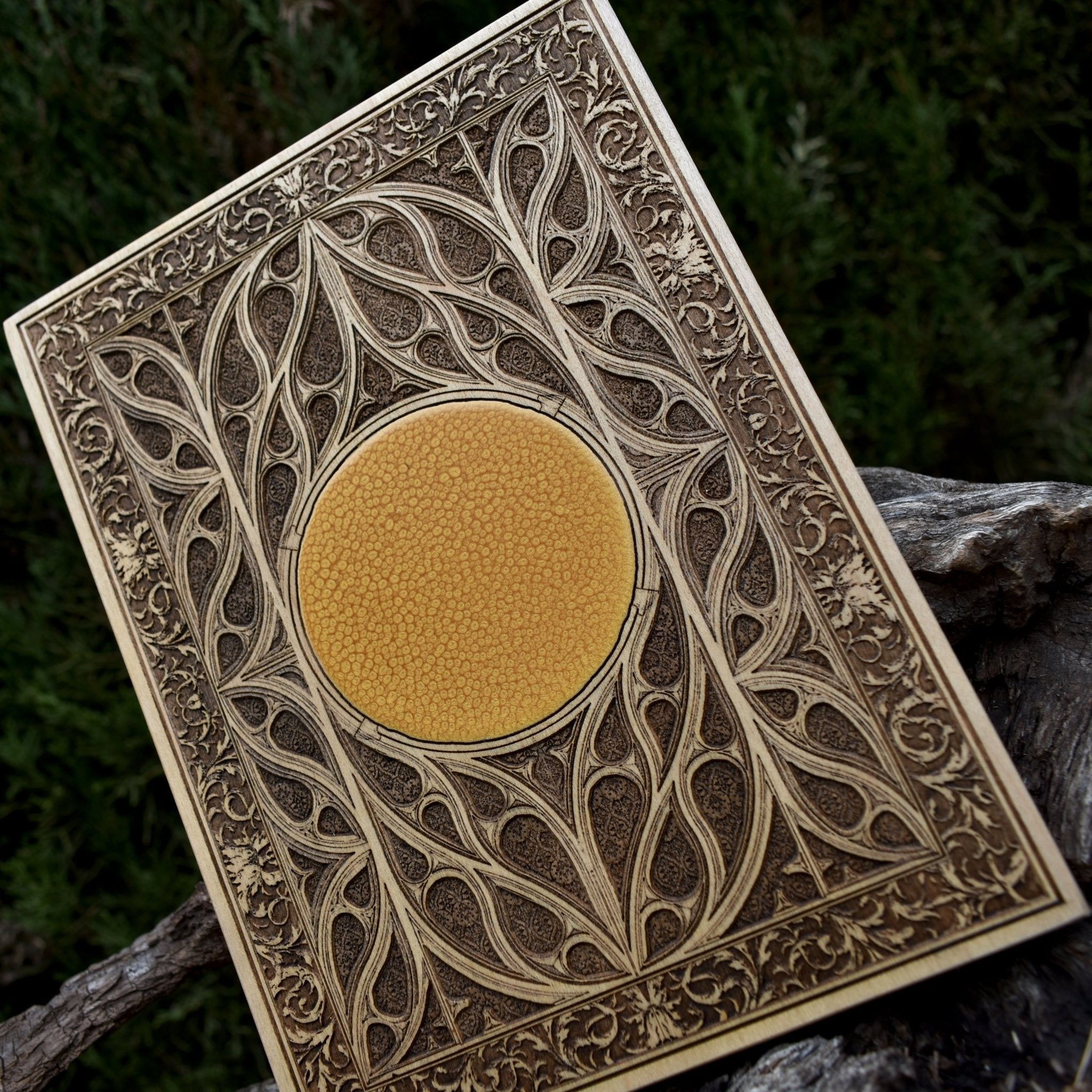 Gothic-inspired wooden artwork with a customizable centerpiece for unique home decor.
