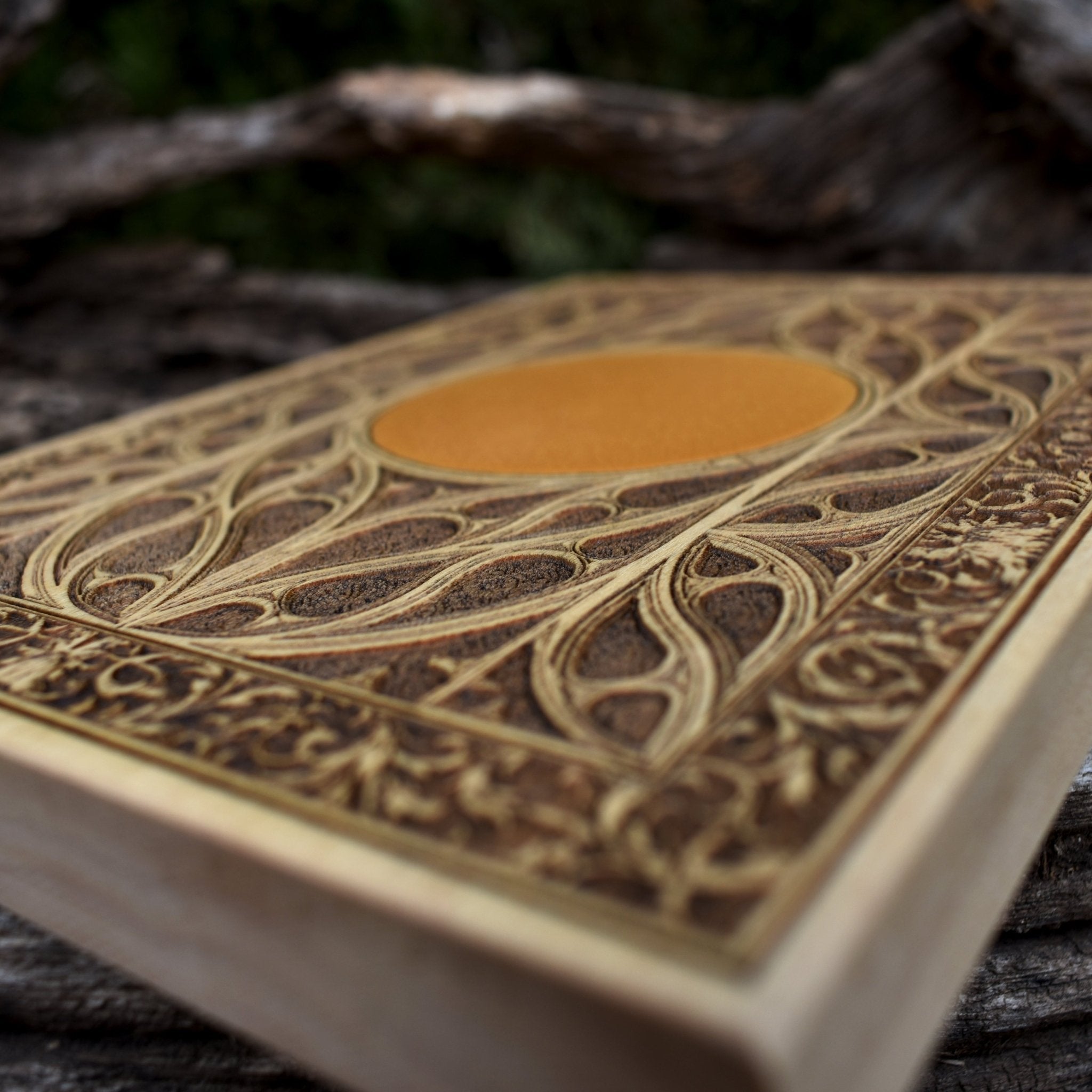 Personalized gothic wood engraving featuring a symbolic centerpiece of choice.